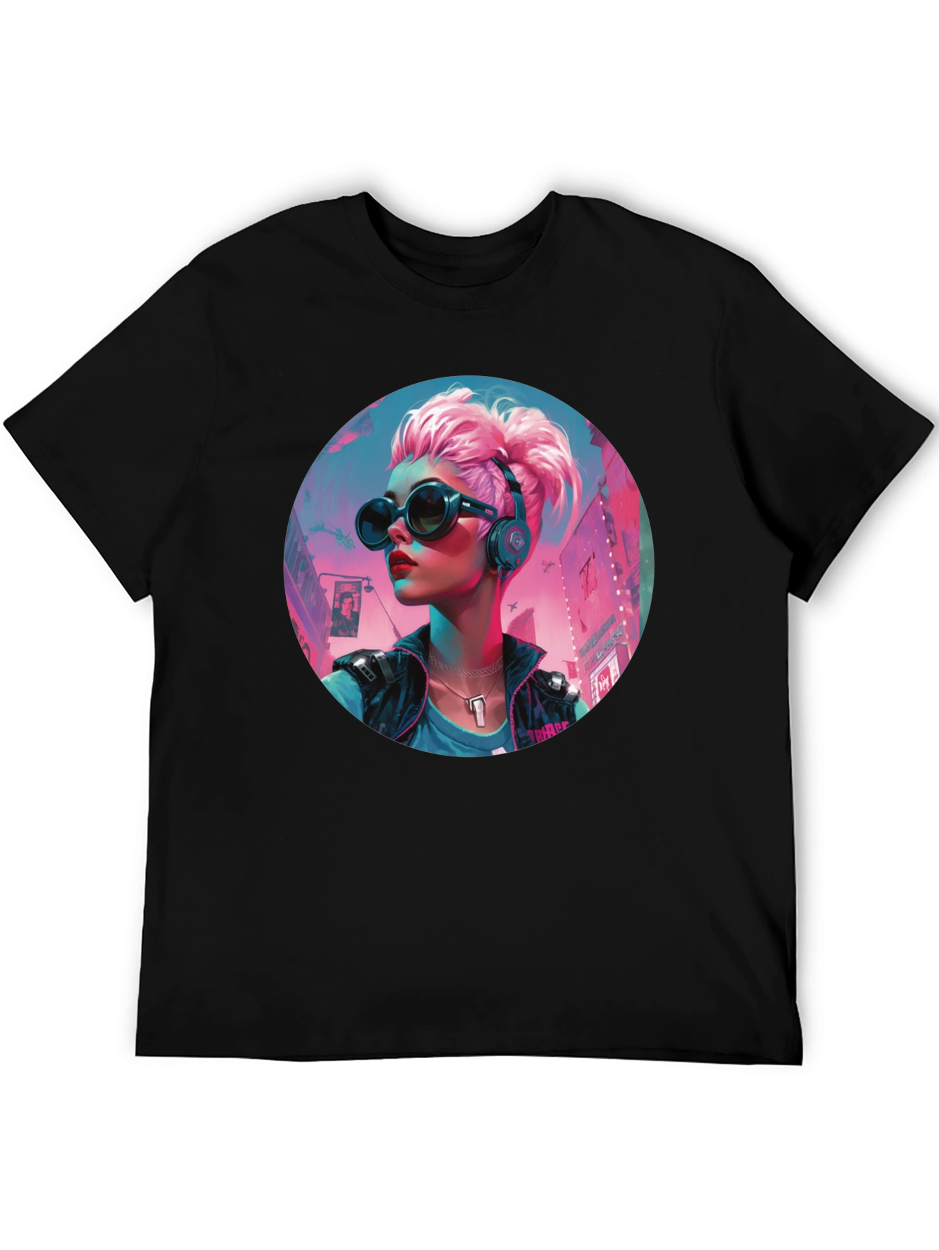 Cyberpunk Girl Graphic Tee - Black Cotton T-Shirt
