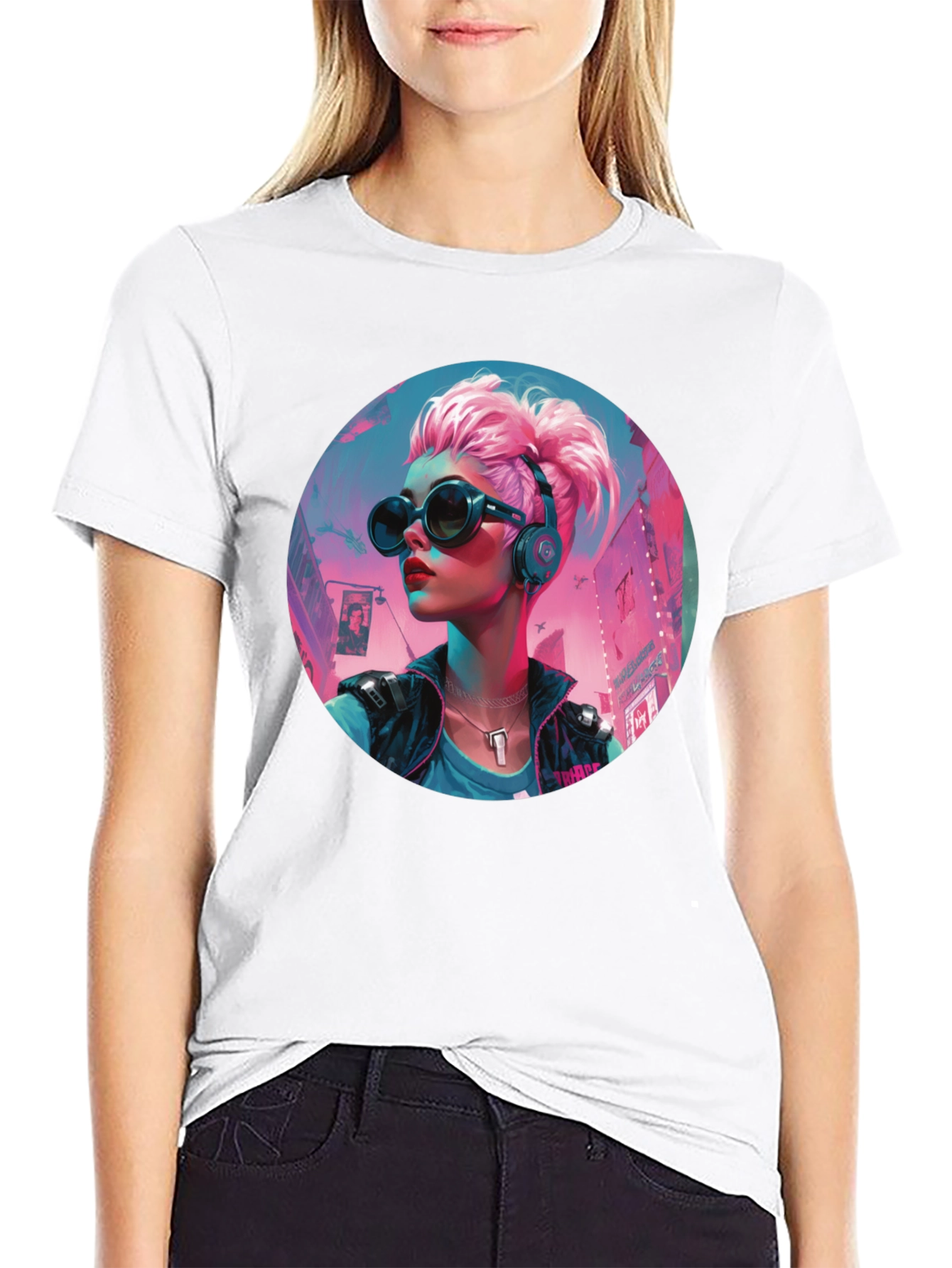 Cyberpunk Girl Graphic Tee - Black Cotton T-Shirt