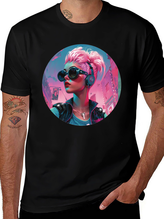 Cyberpunk Girl Graphic Tee - Black Cotton T-Shirt
