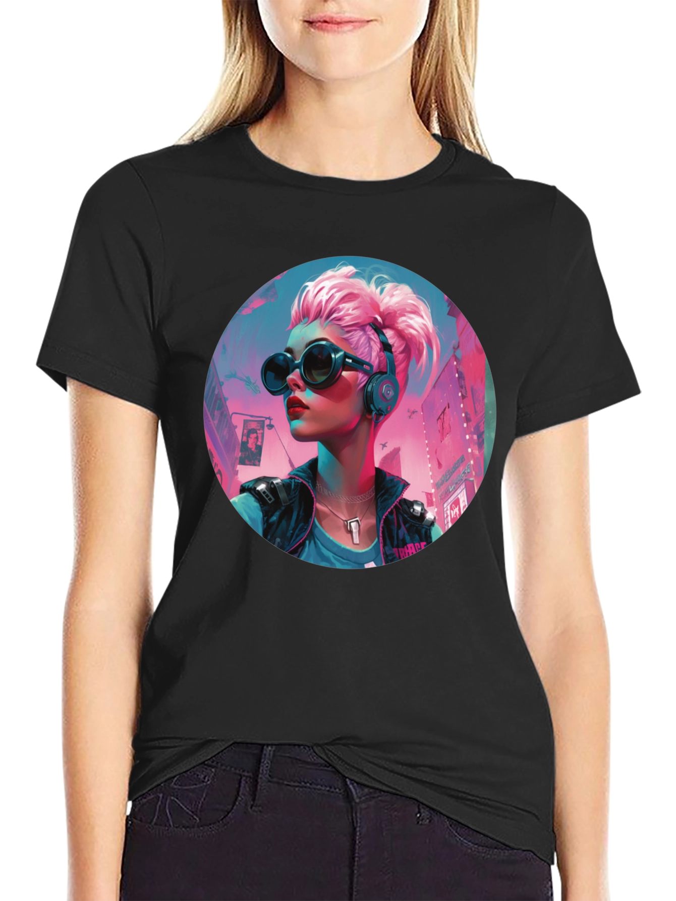 Cyberpunk Girl Graphic Tee - Black Cotton T-Shirt