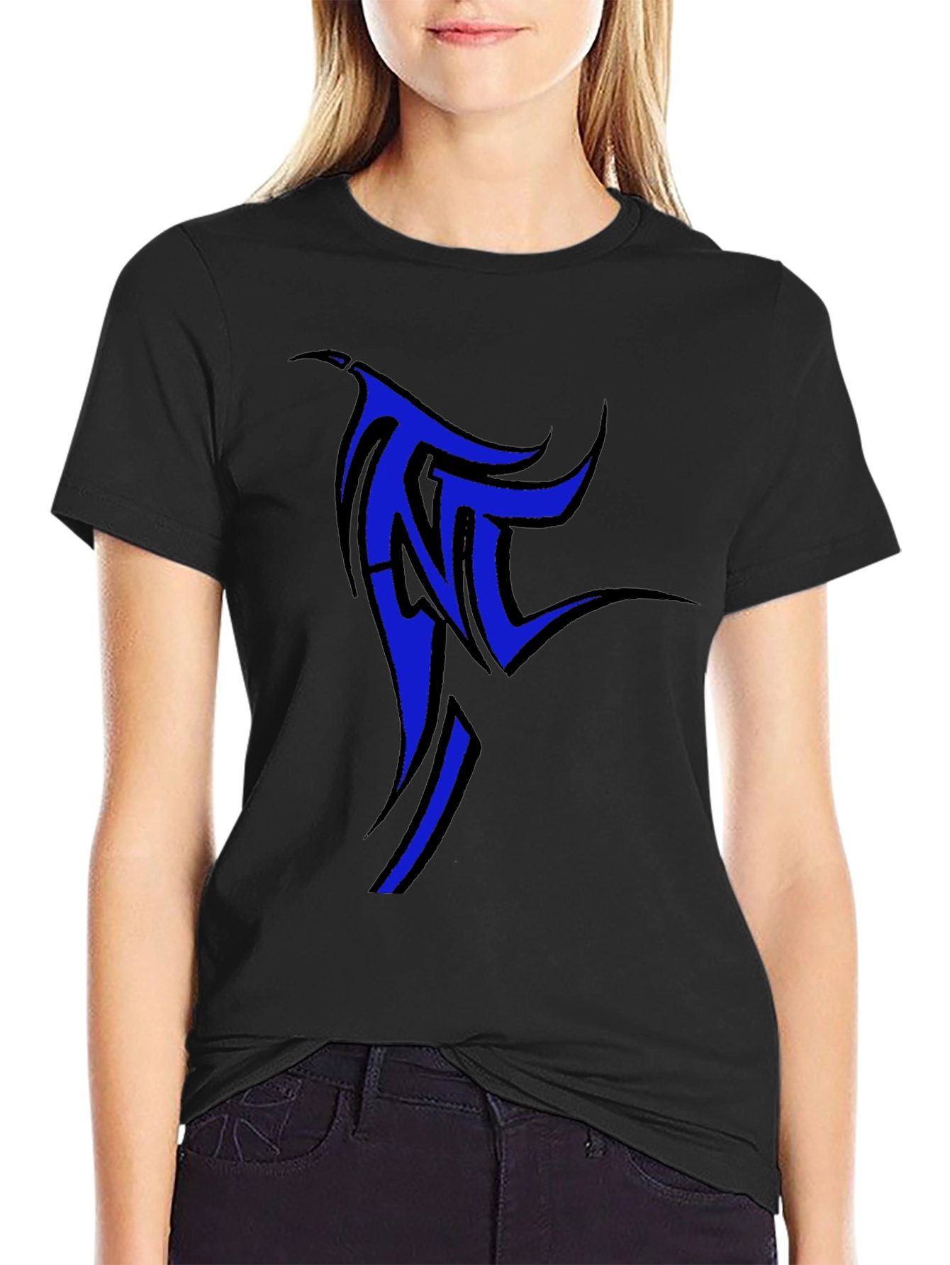 Black T-Shirt with Blue Tribal Design