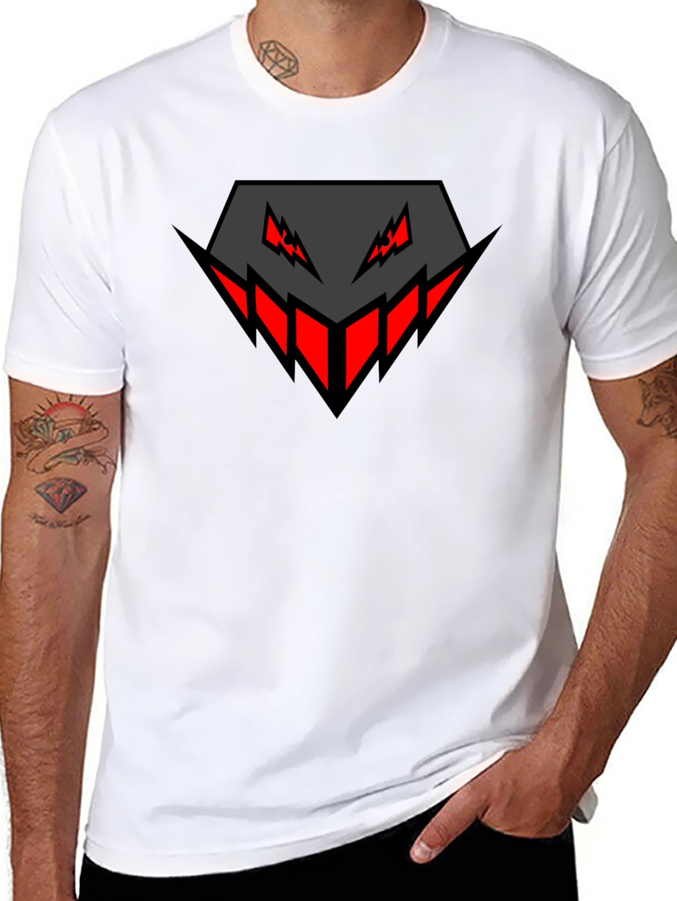 Mens Black Graphic Tee - Geometric Monster Design