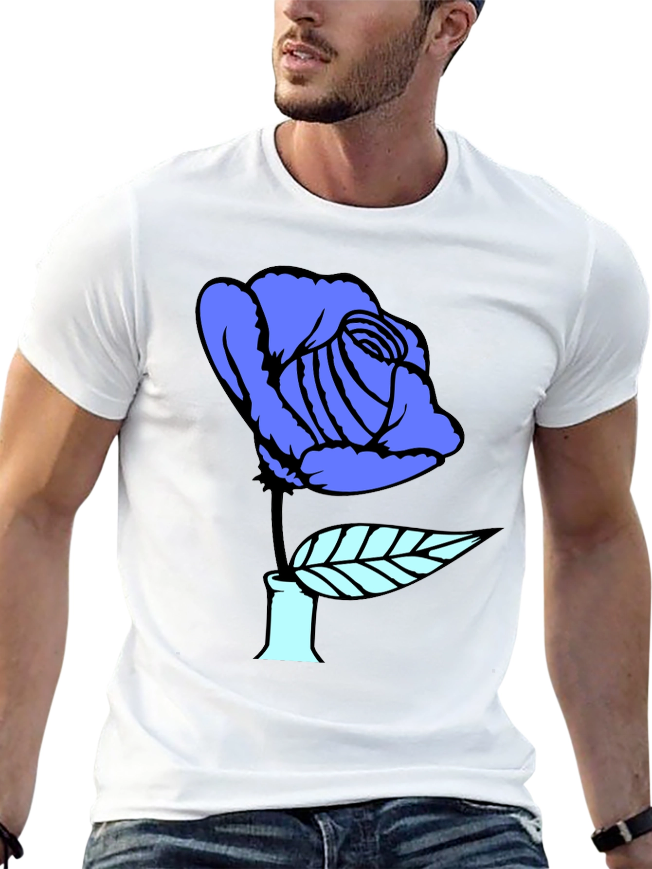 Blue Rose Graphic Print Black T-Shirt