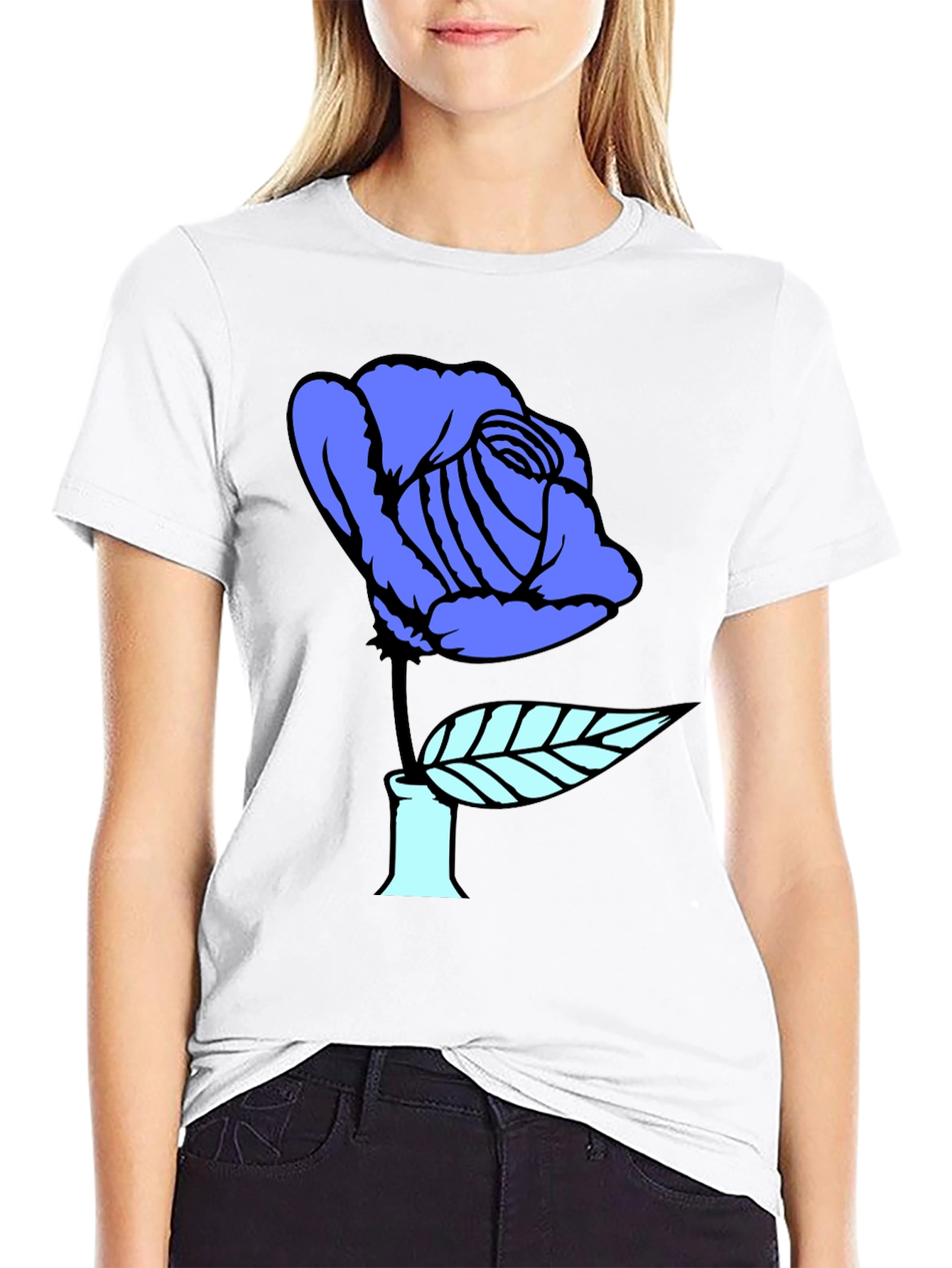 Blue Rose Graphic Print Black T-Shirt