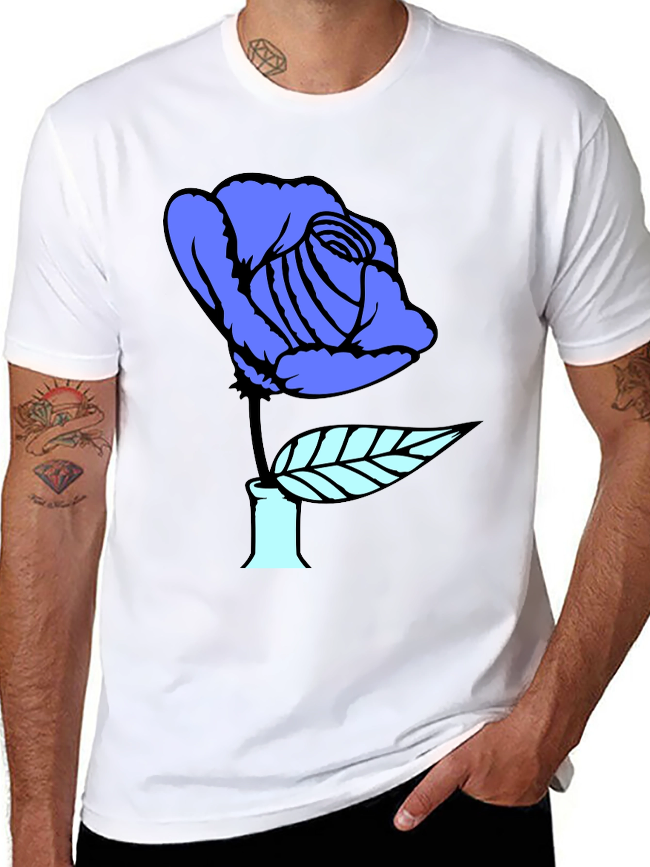 Blue Rose Graphic Print Black T-Shirt