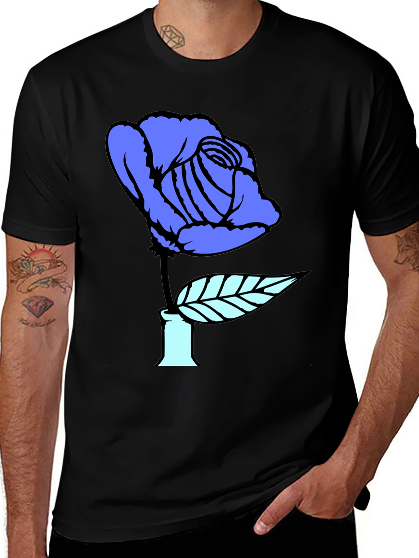 Blue Rose Graphic Print Black T-Shirt