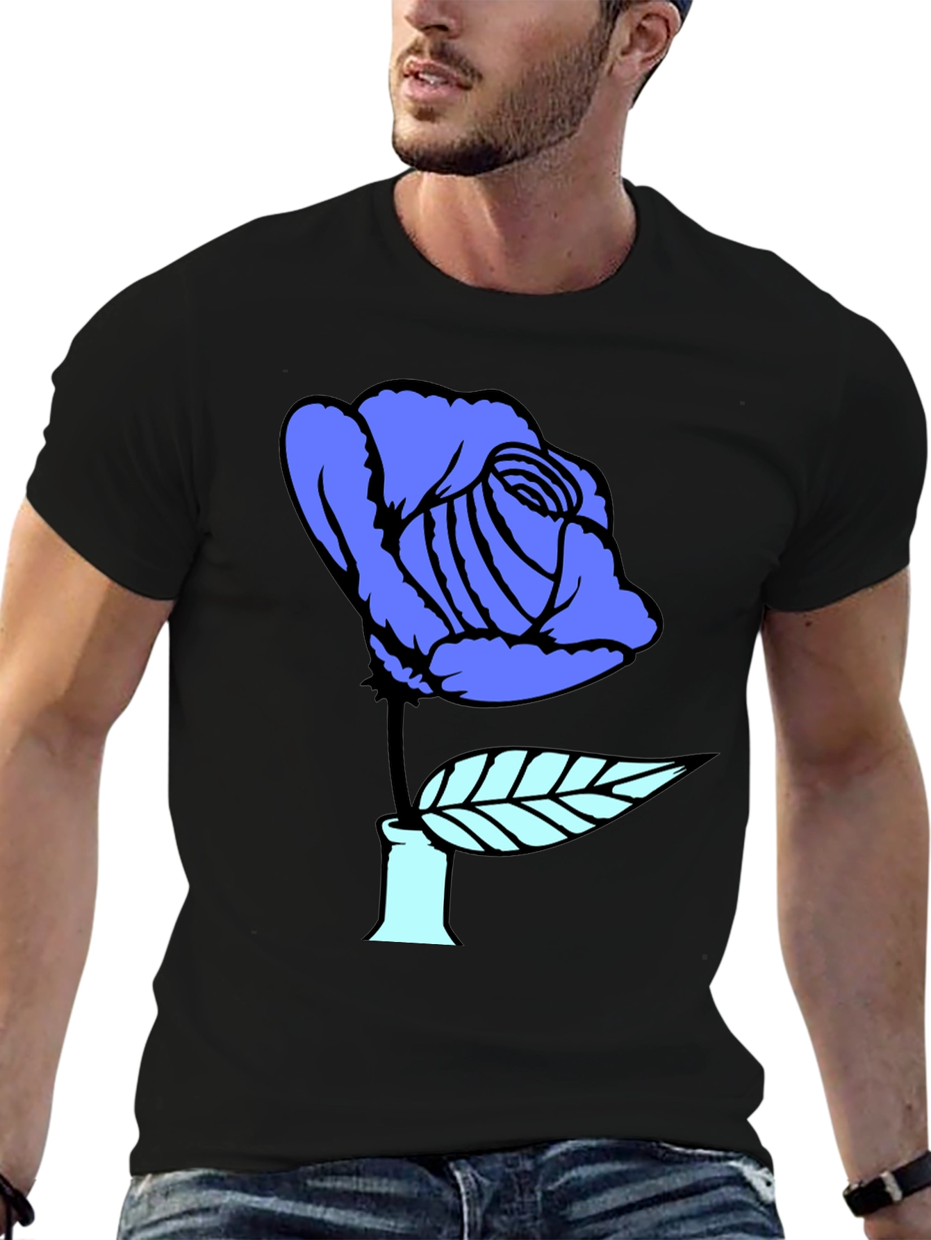Blue Rose Graphic Print Black T-Shirt