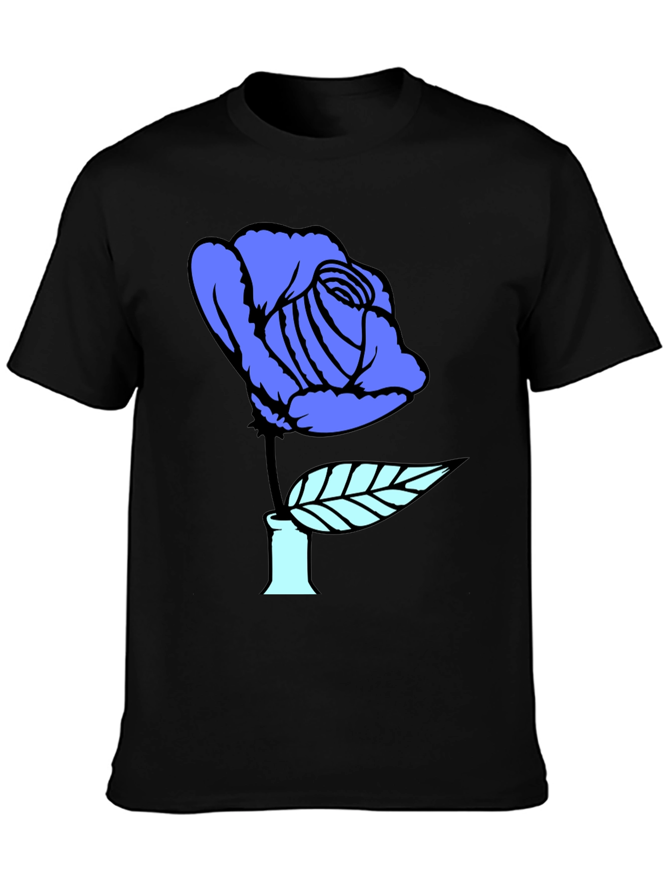 Blue Rose Graphic Print Black T-Shirt