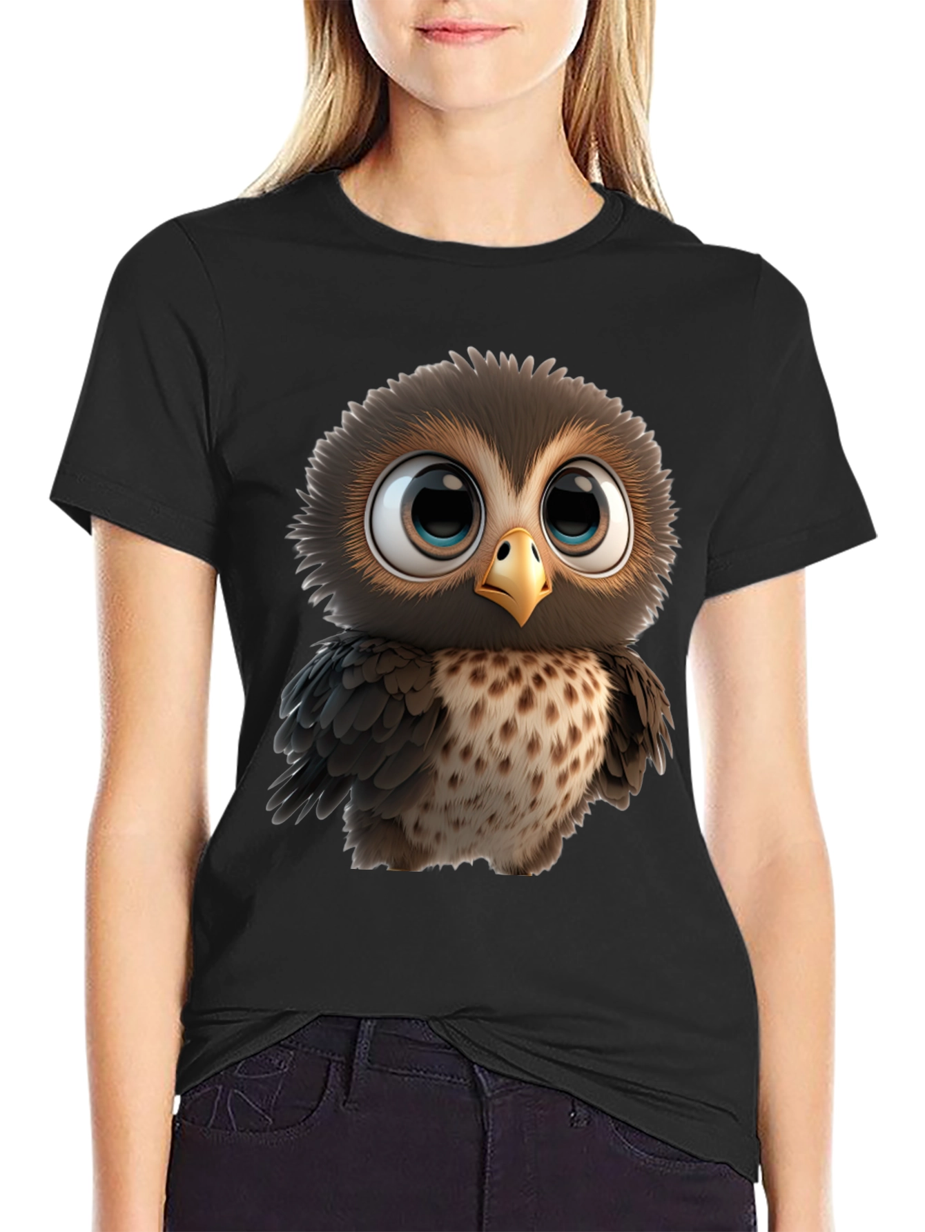 Cute Owl Graphic Print Black T-Shirt