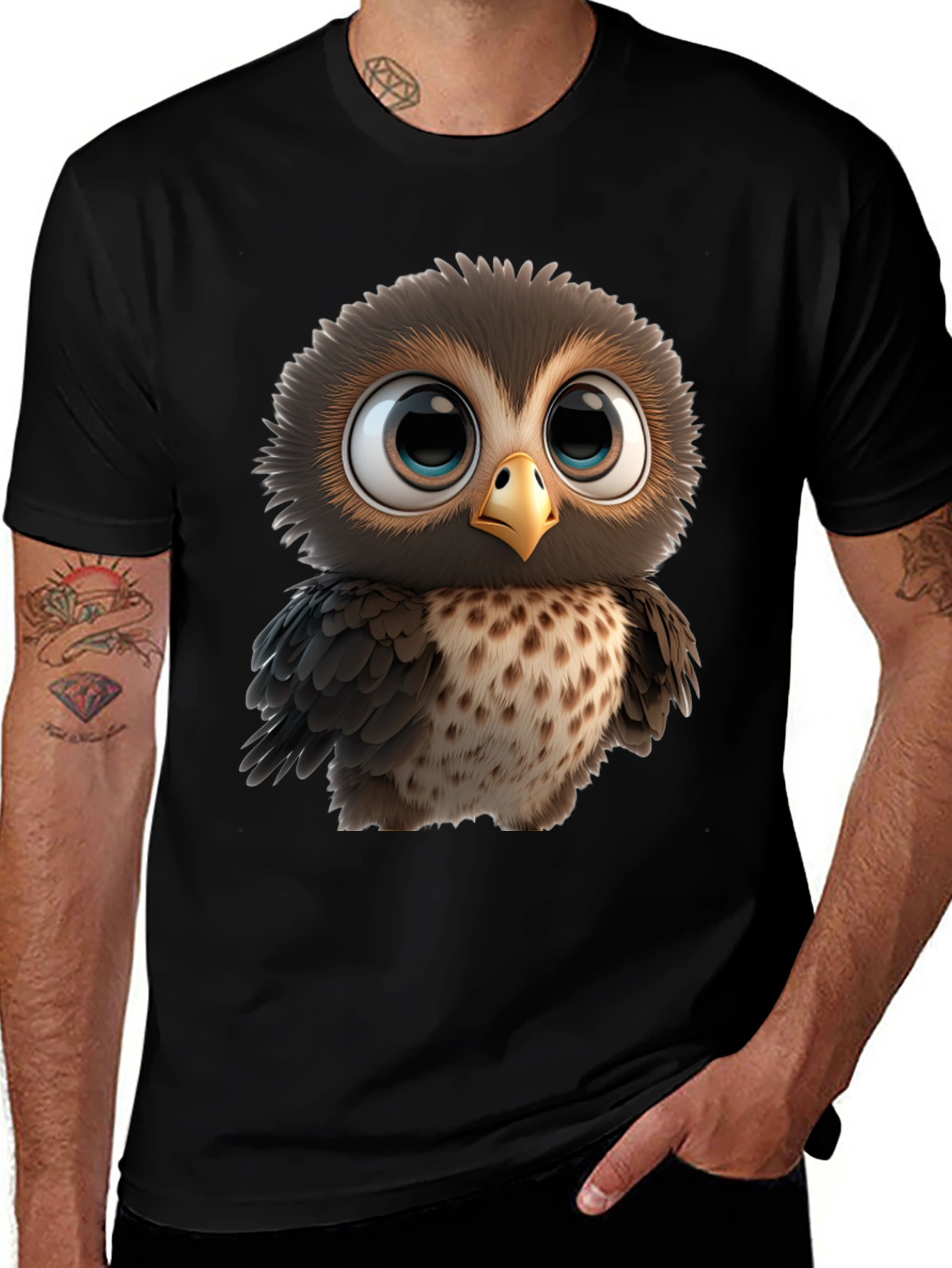 Cute Owl Graphic Print Black T-Shirt