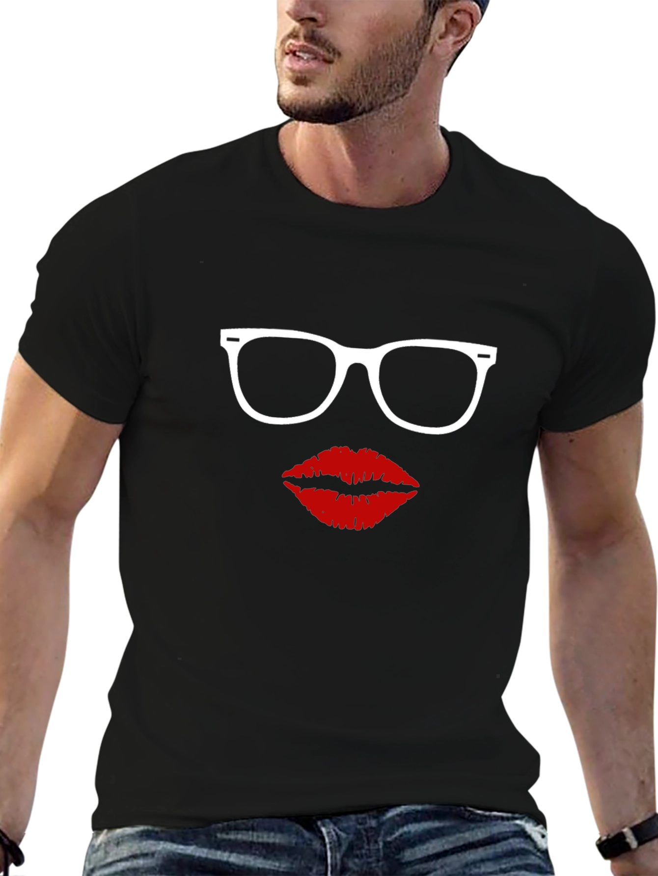 Glasses & Lips Graphic Tee - Black Cotton Shirt