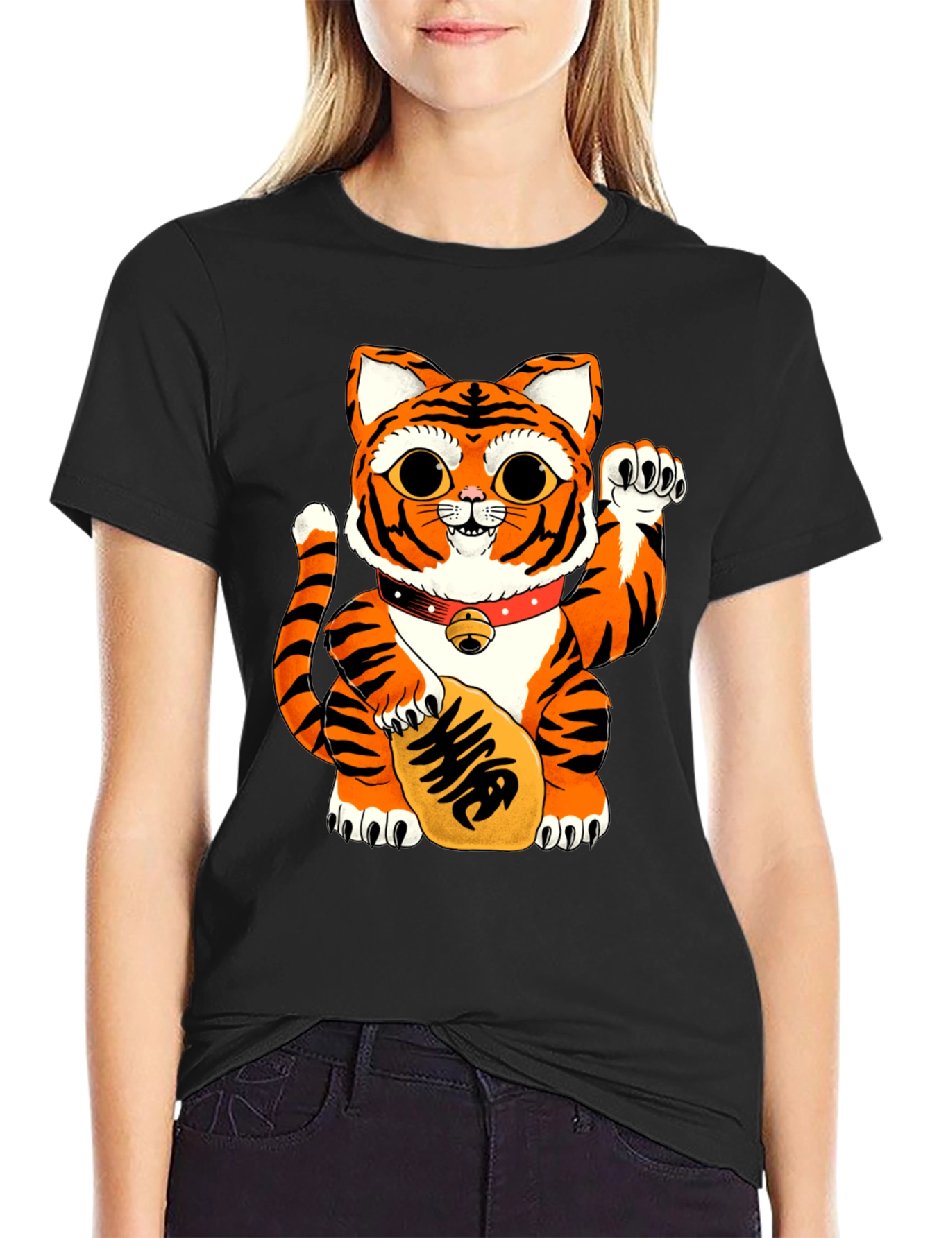 Lucky Cat Tiger Graphic Tee - Black