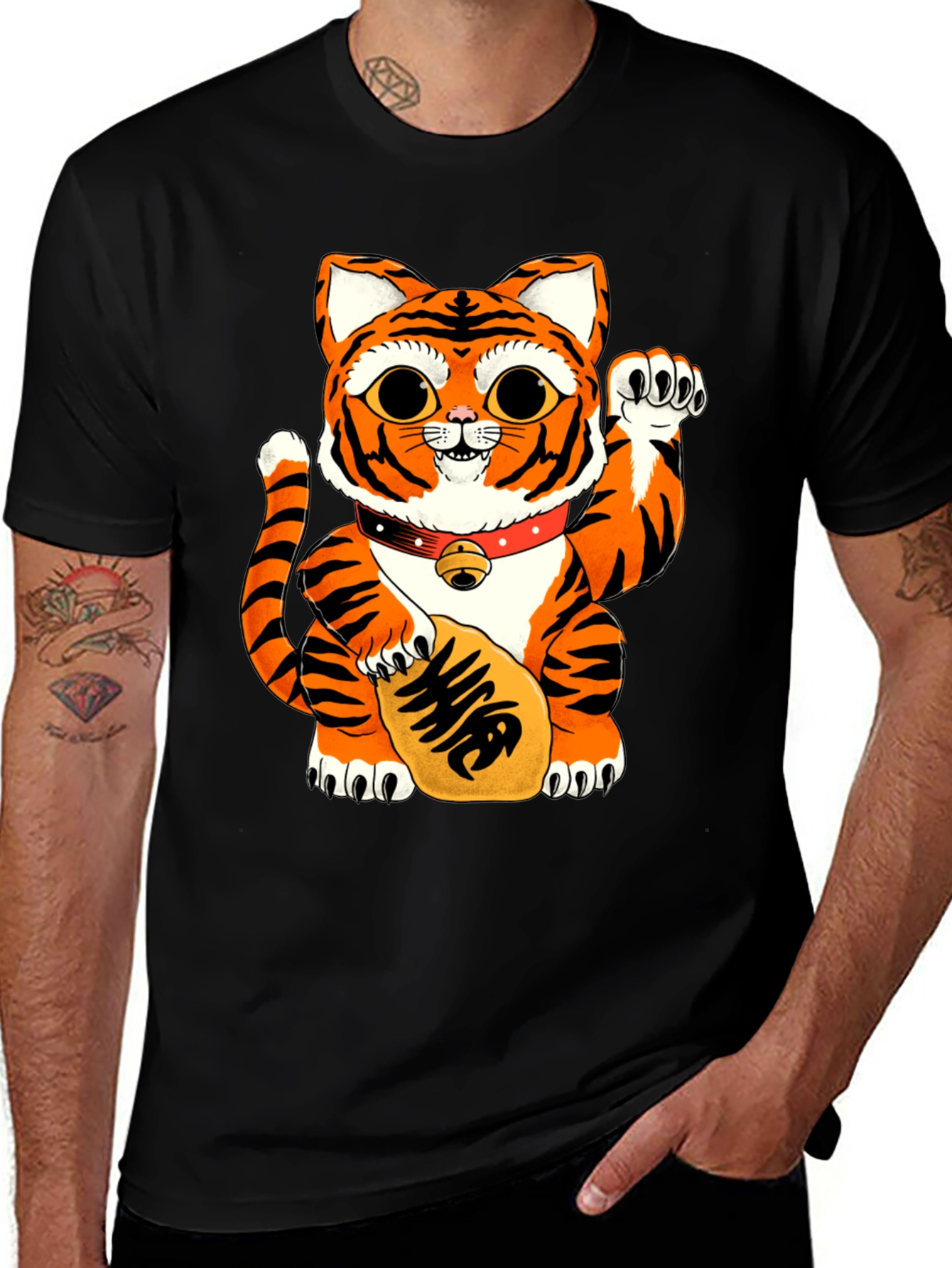 Lucky Cat Tiger Graphic Tee - Black