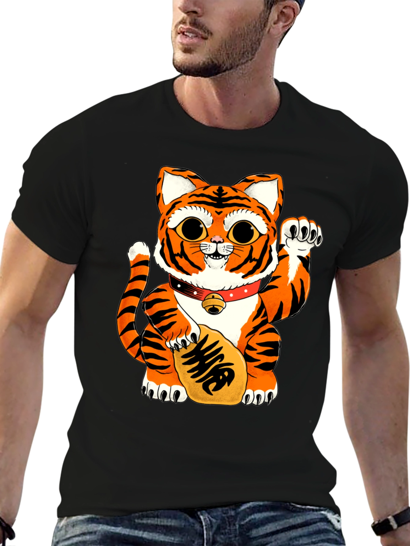 Lucky Cat Tiger Graphic Tee - Black