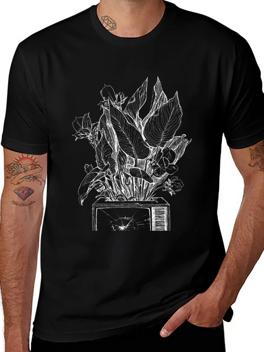 Broken TV Flowers Graphic Tee - Black Cotton T-Shirt