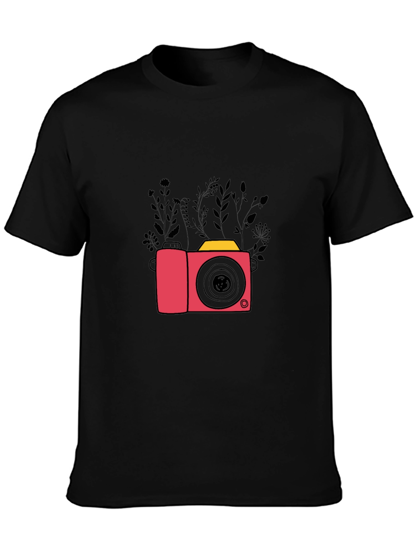 Stylish Black T-Shirt with Camera & Floral Design