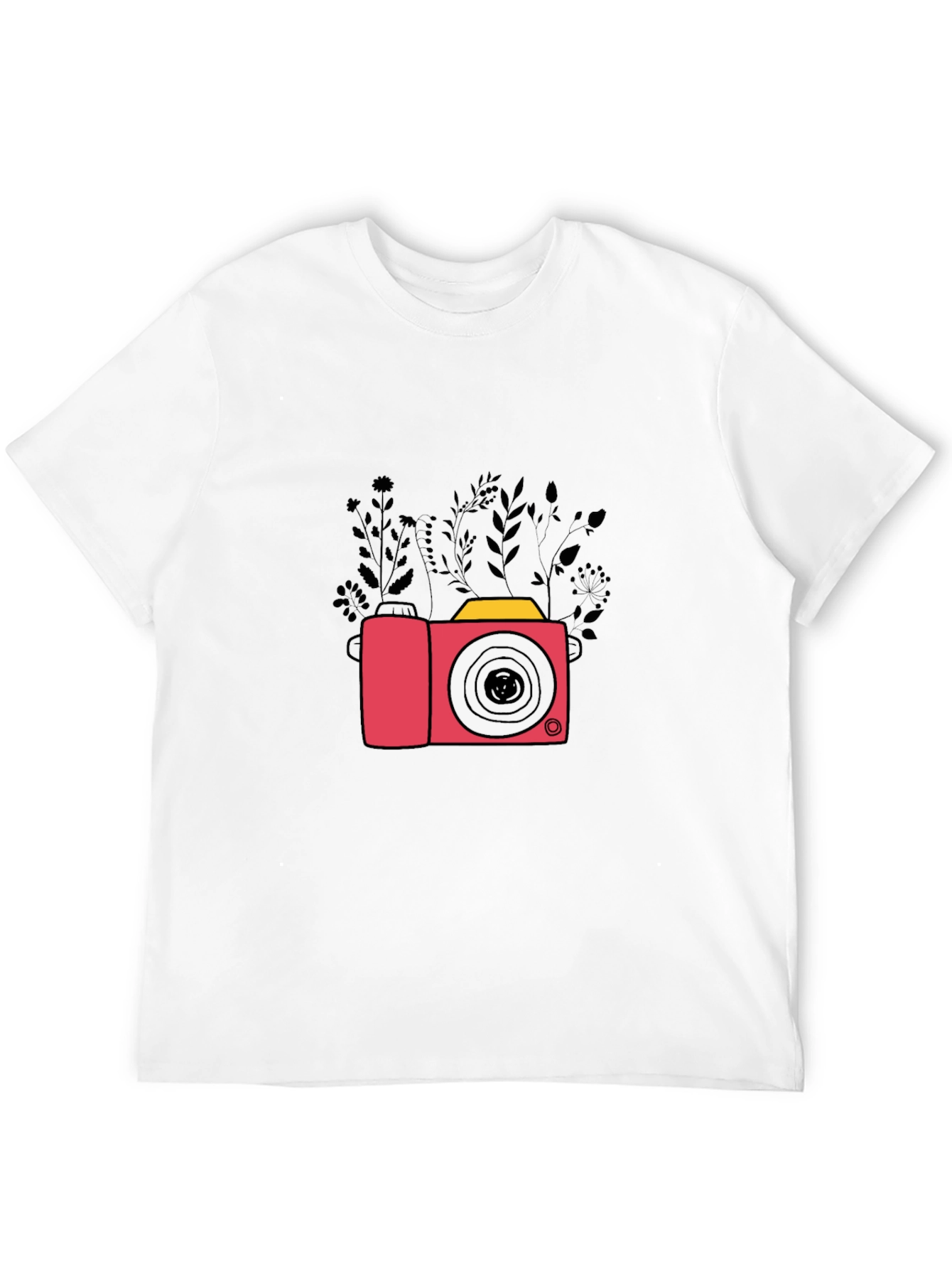 Stylish Black T-Shirt with Camera & Floral Design