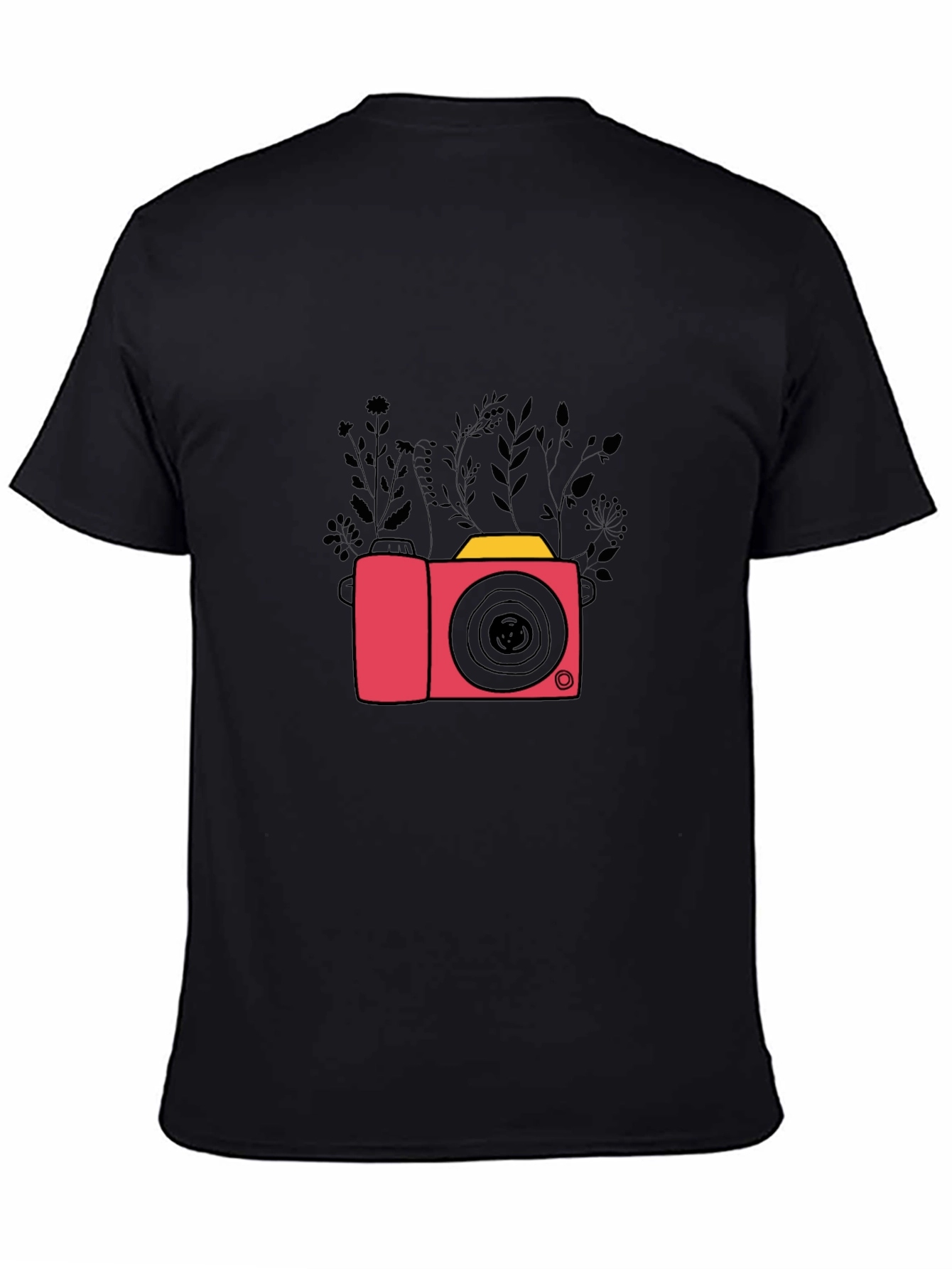 Stylish Black T-Shirt with Camera & Floral Design