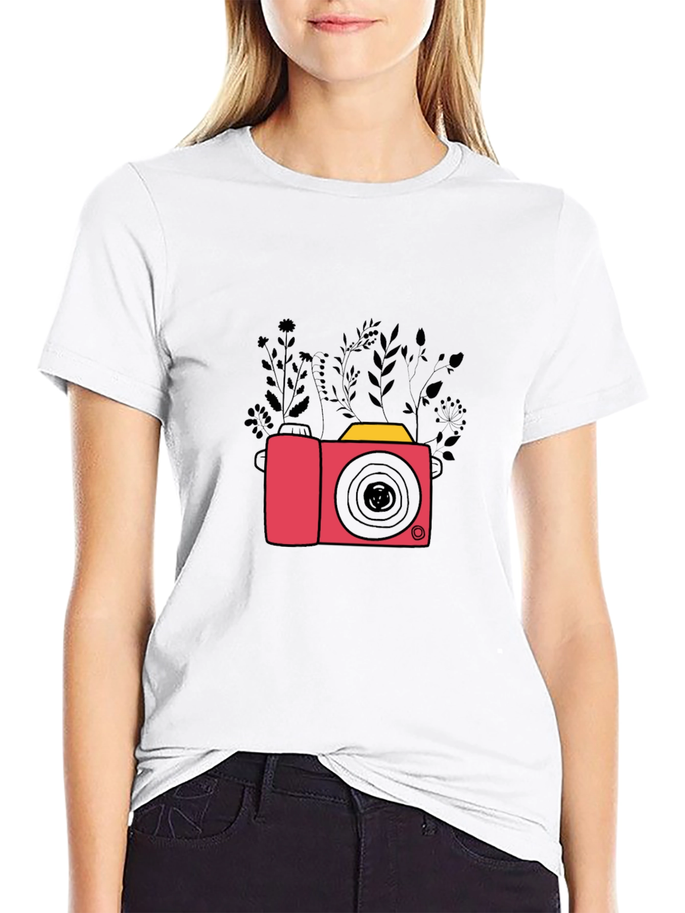 Stylish Black T-Shirt with Camera & Floral Design