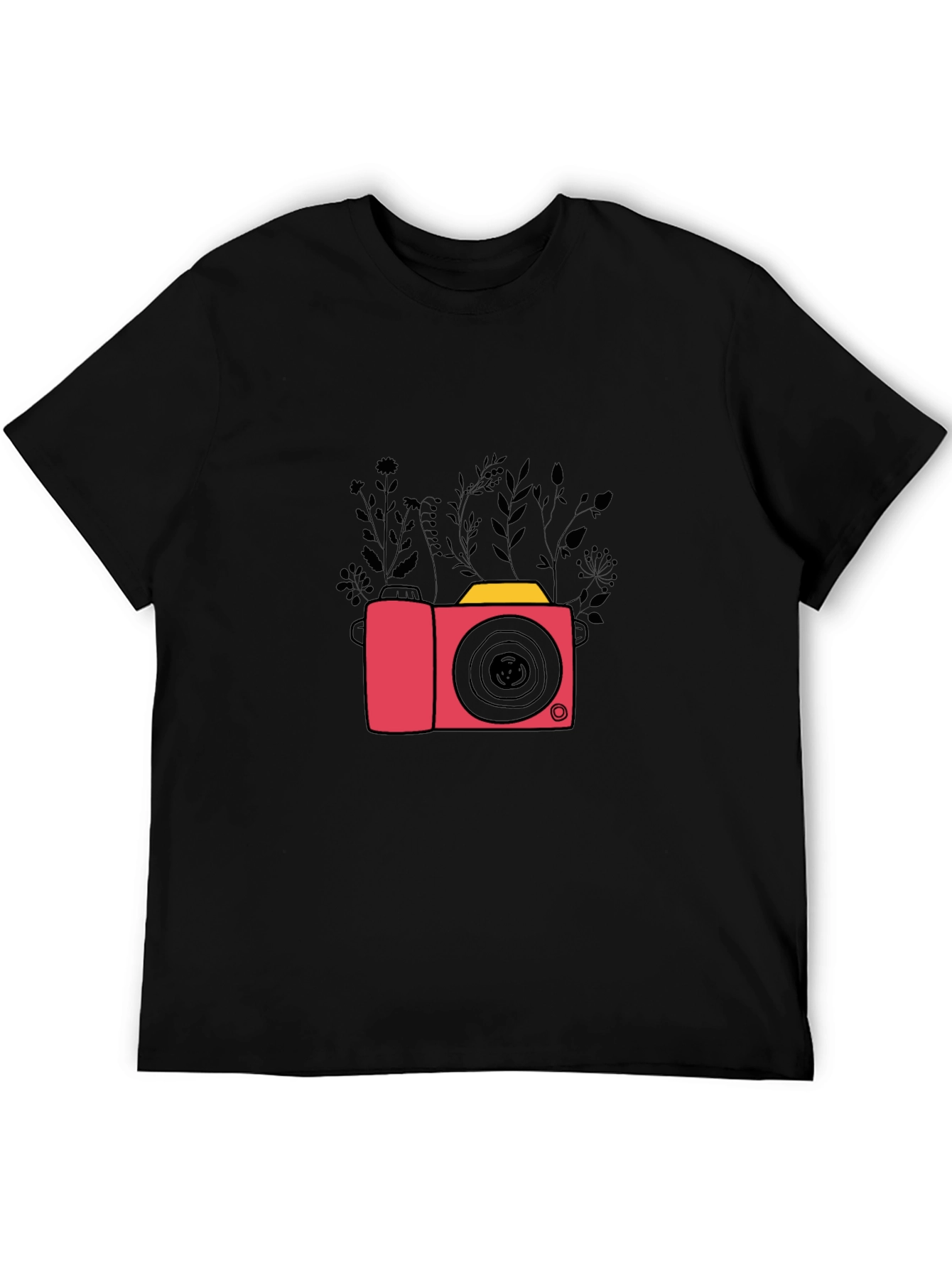 Stylish Black T-Shirt with Camera & Floral Design