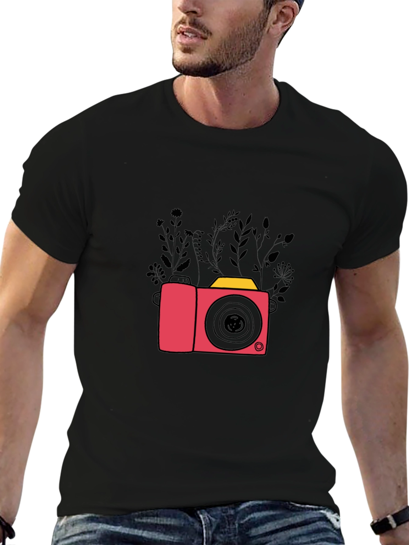 Stylish Black T-Shirt with Camera & Floral Design