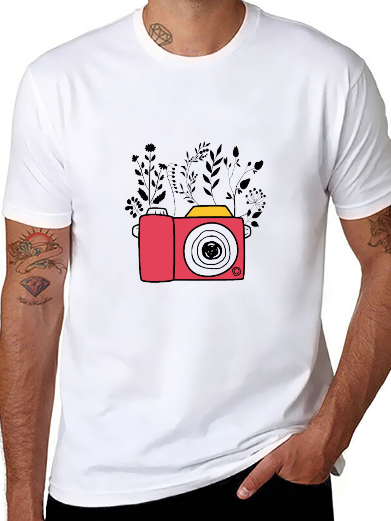 Stylish Black T-Shirt with Camera & Floral Design