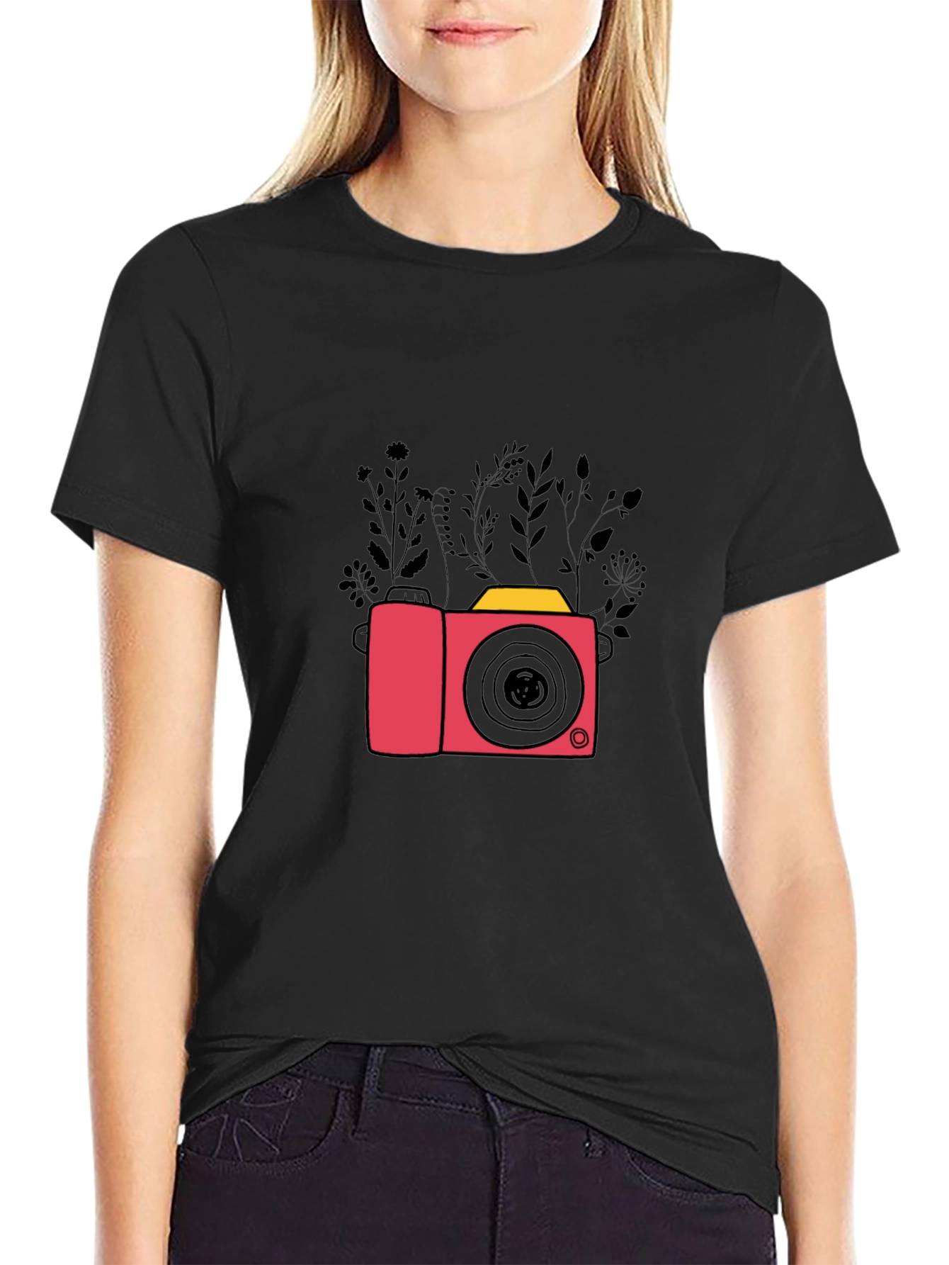 Stylish Black T-Shirt with Camera & Floral Design