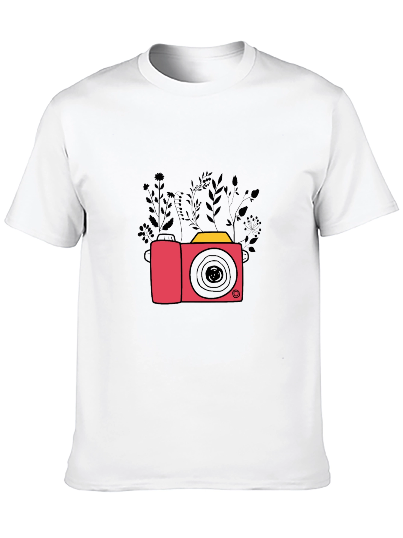 Stylish Black T-Shirt with Camera & Floral Design