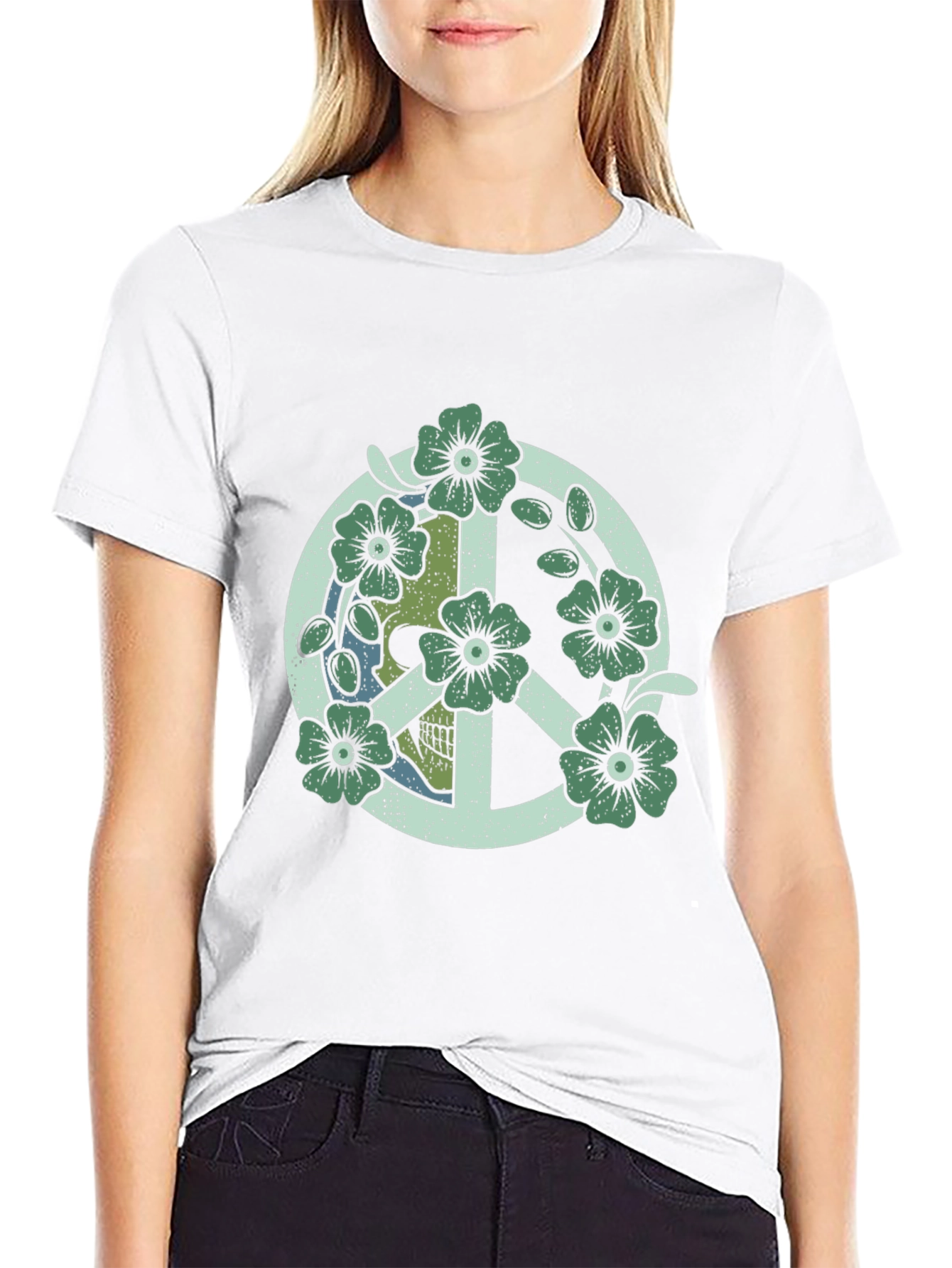Skull Flower Peace Sign Black Graphic Tee