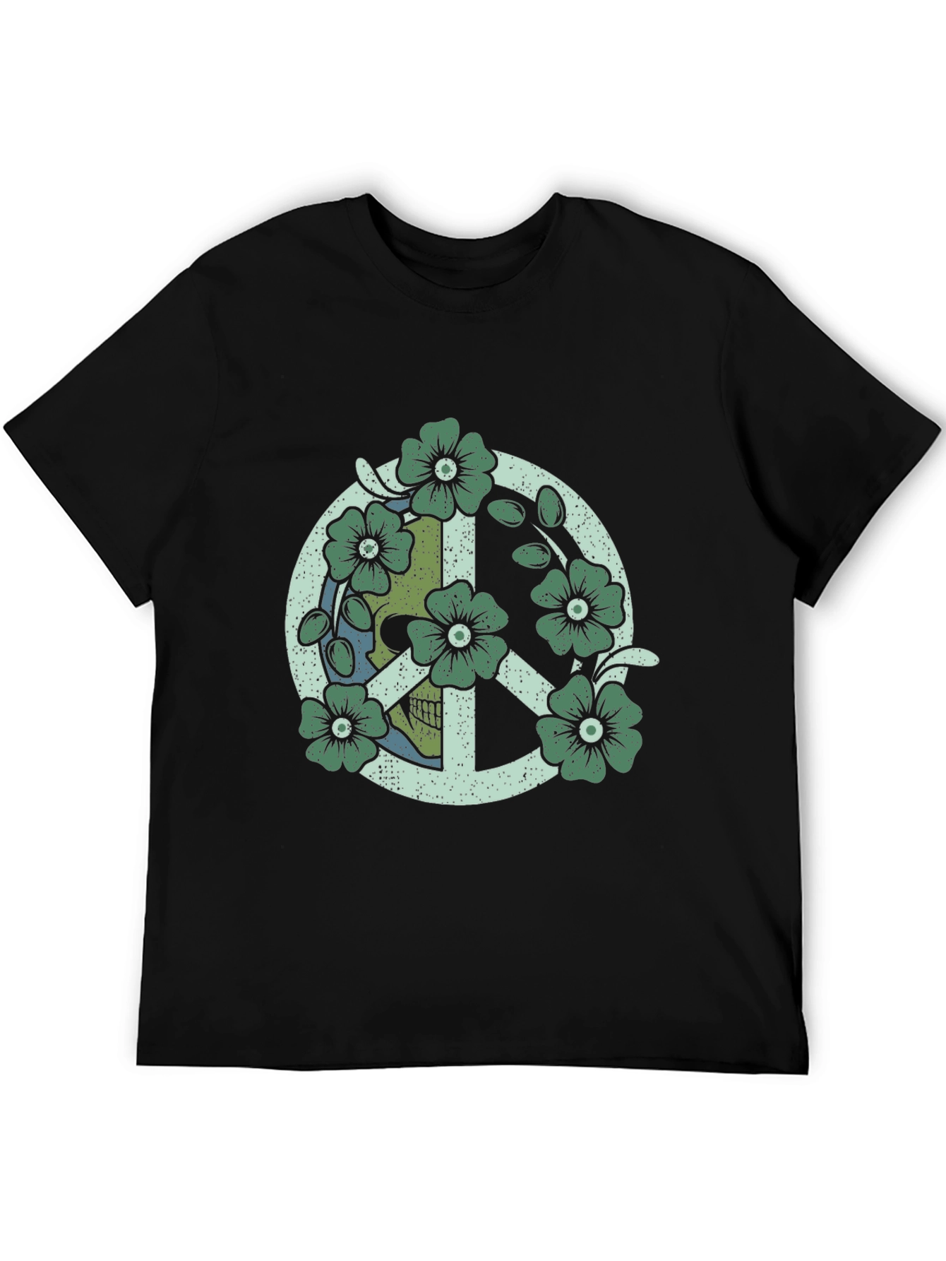 Skull Flower Peace Sign Black Graphic Tee