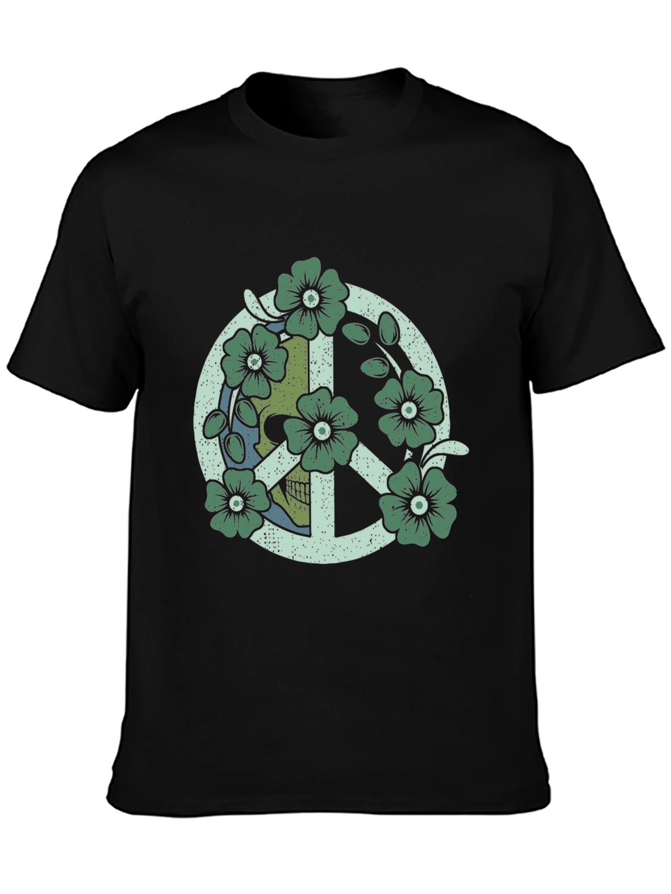 Skull Flower Peace Sign Black Graphic Tee