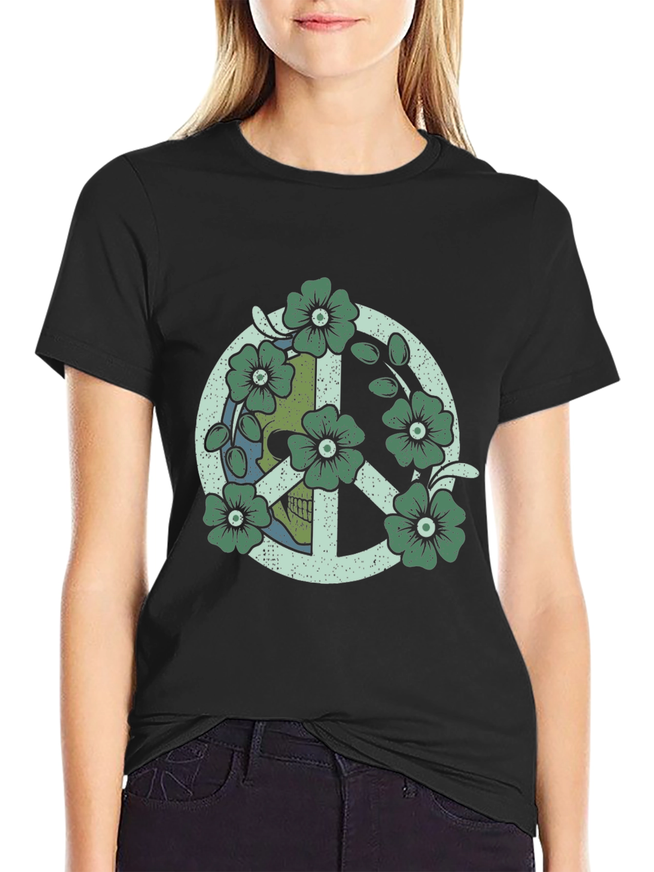 Skull Flower Peace Sign Black Graphic Tee