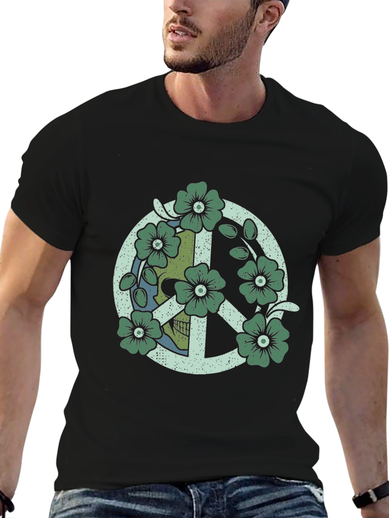 Skull Flower Peace Sign Black Graphic Tee