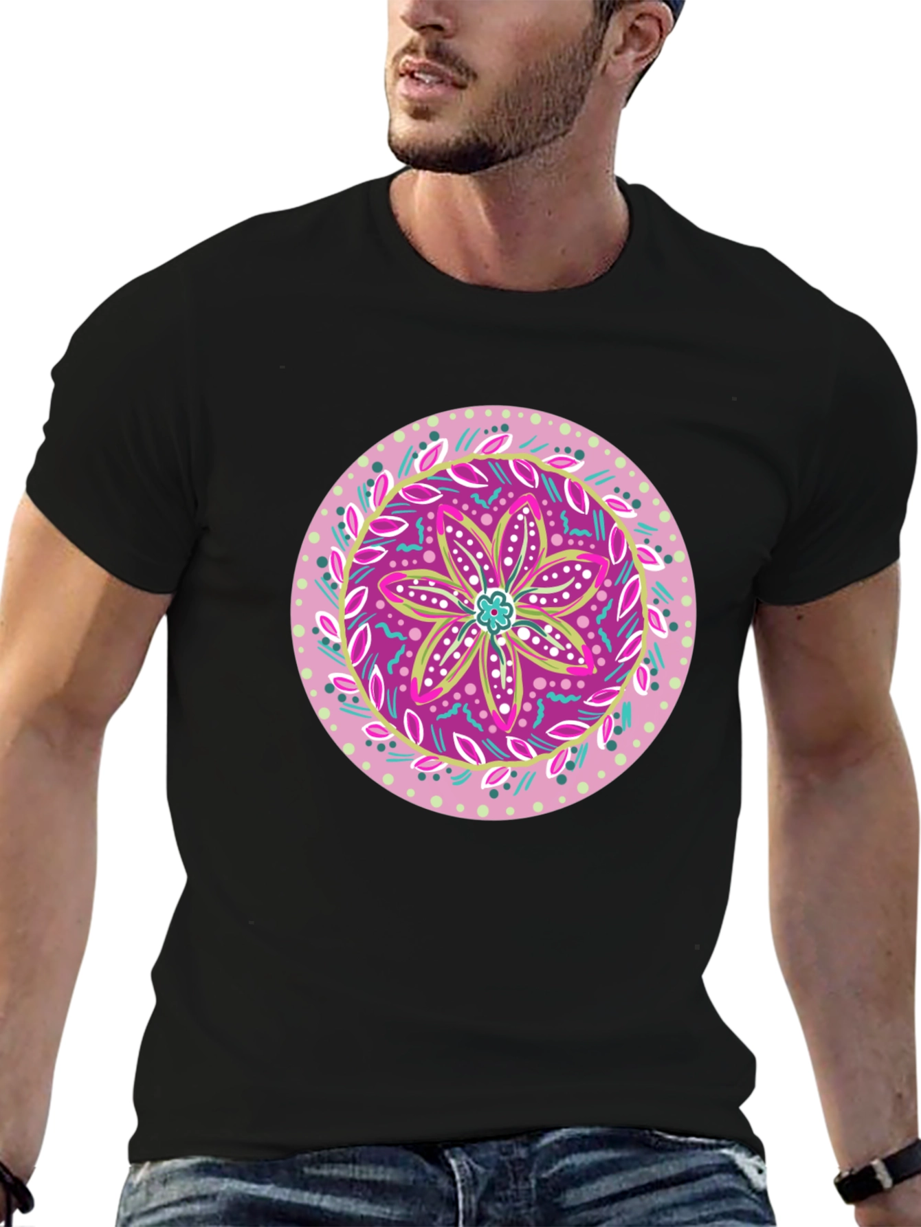 Floral Mandala Graphic Tee - Casual Black T-Shirt