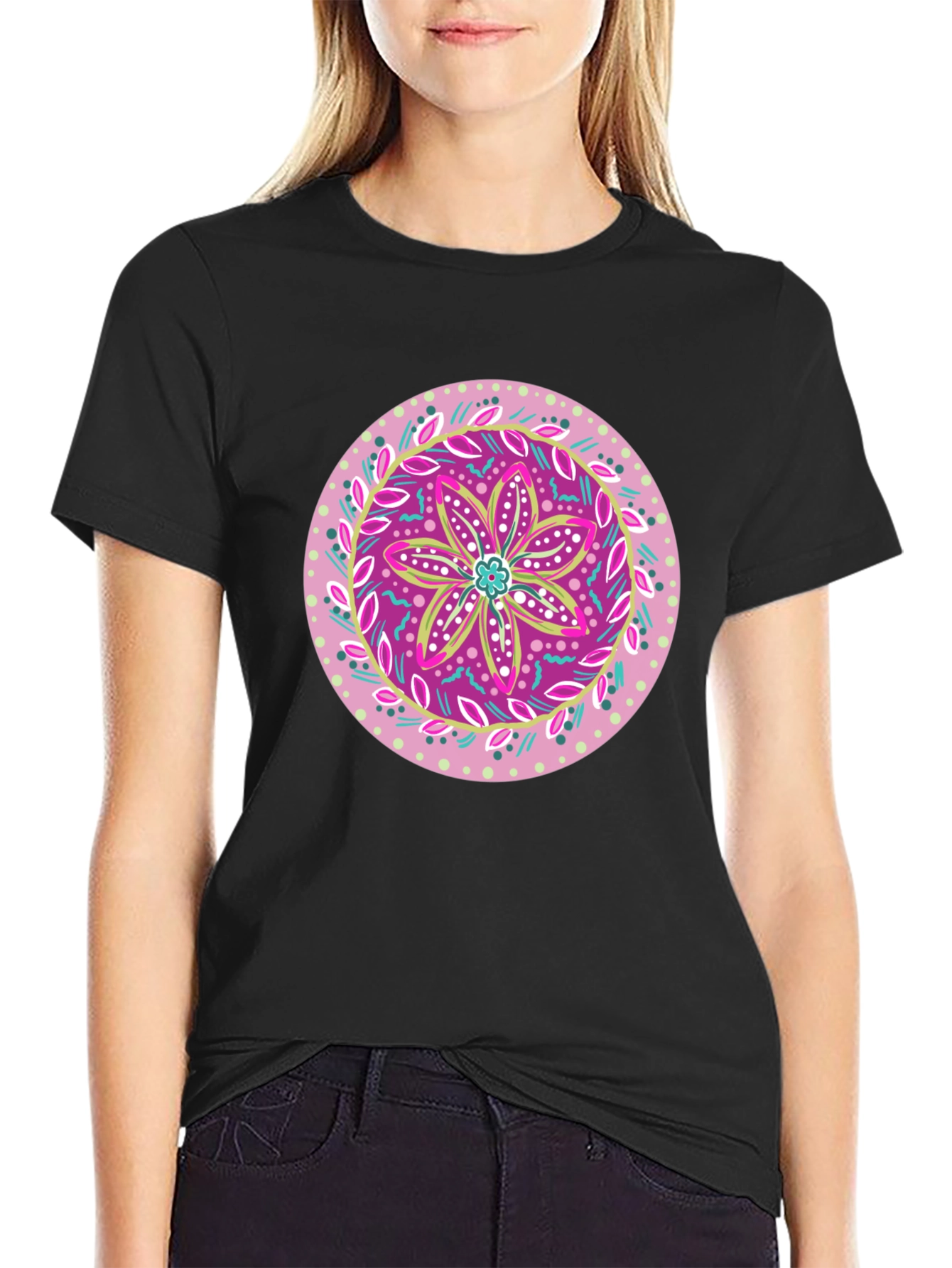 Floral Mandala Graphic Tee - Casual Black T-Shirt