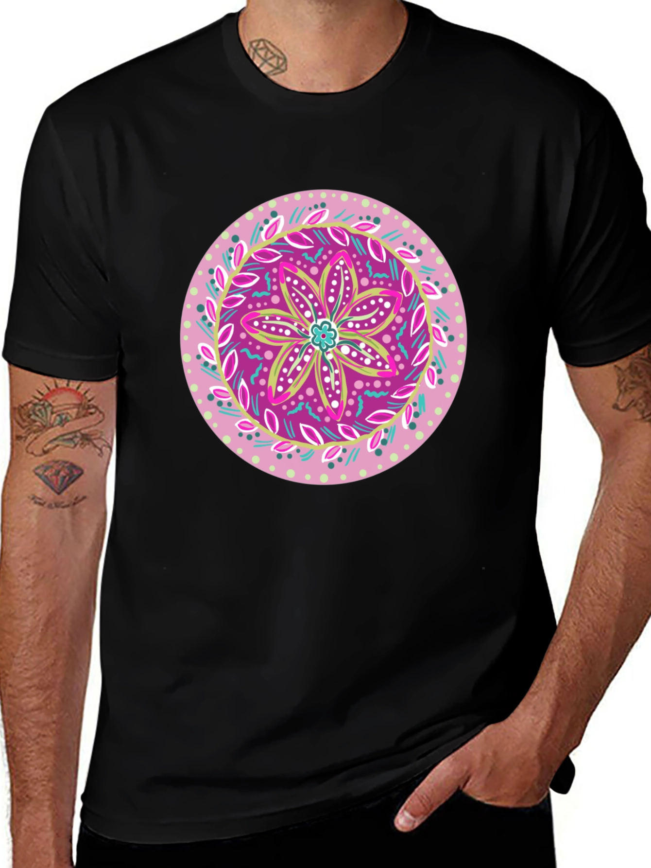 Floral Mandala Graphic Tee - Casual Black T-Shirt