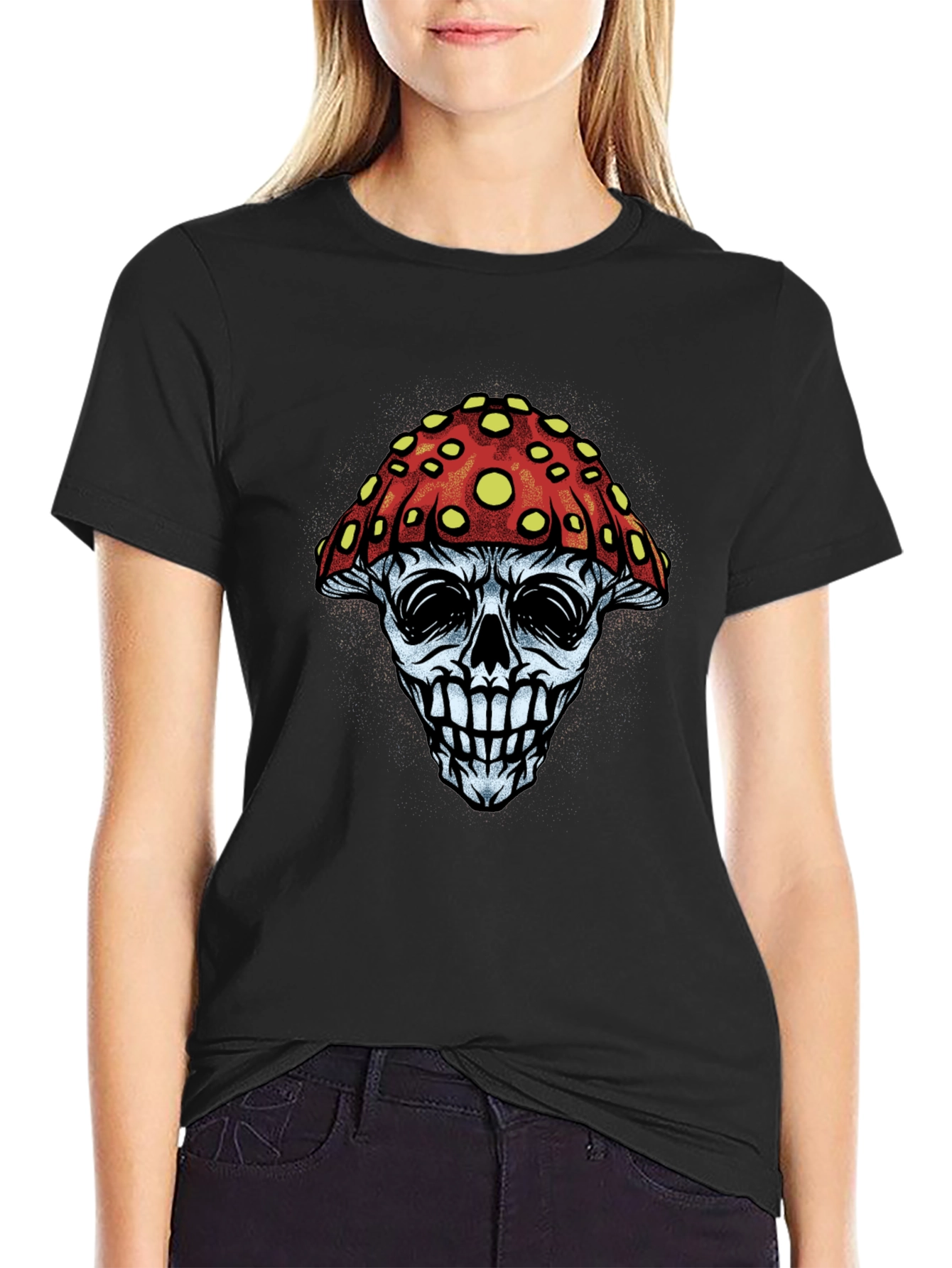 Mushroom Skull Graphic Tee - Black Cotton T-Shirt