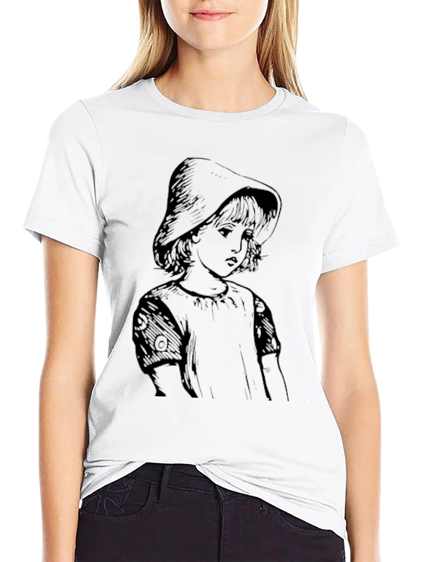 Whimsical Girl Portrait Graphic Tee - Black
