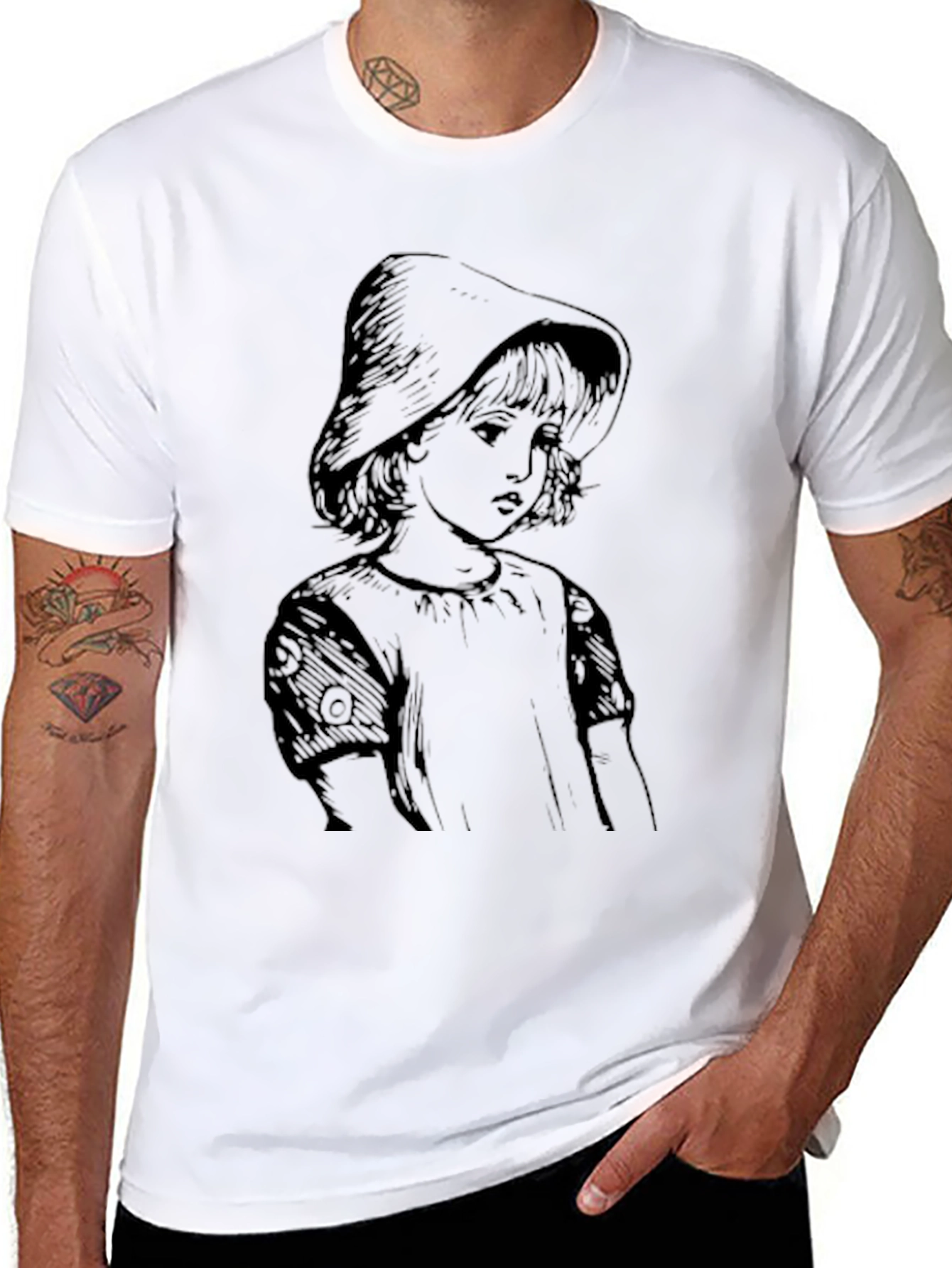 Whimsical Girl Portrait Graphic Tee - Black