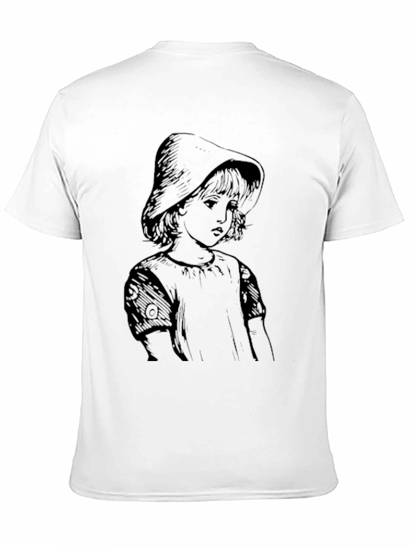 Whimsical Girl Portrait Graphic Tee - Black