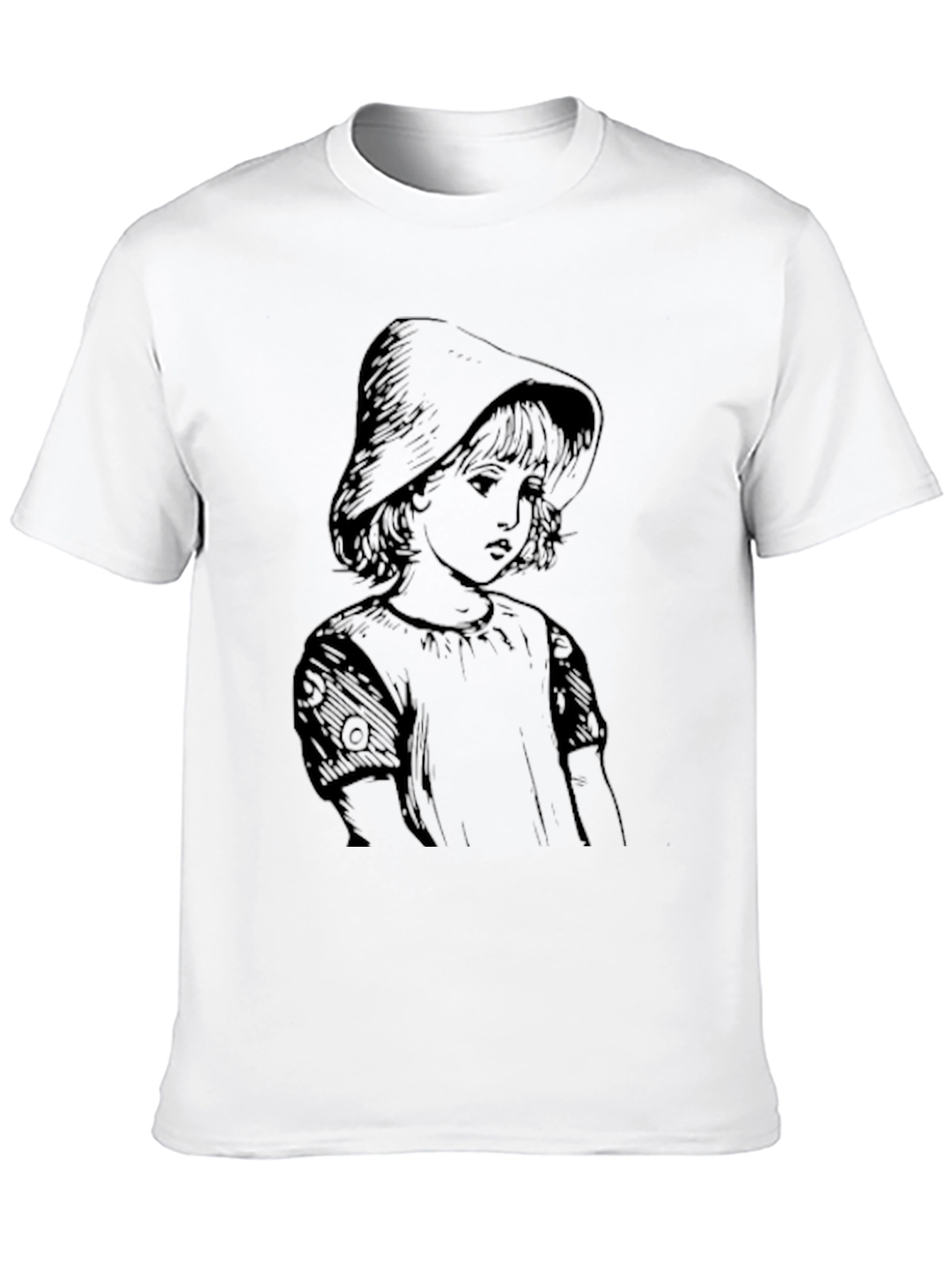 Whimsical Girl Portrait Graphic Tee - Black