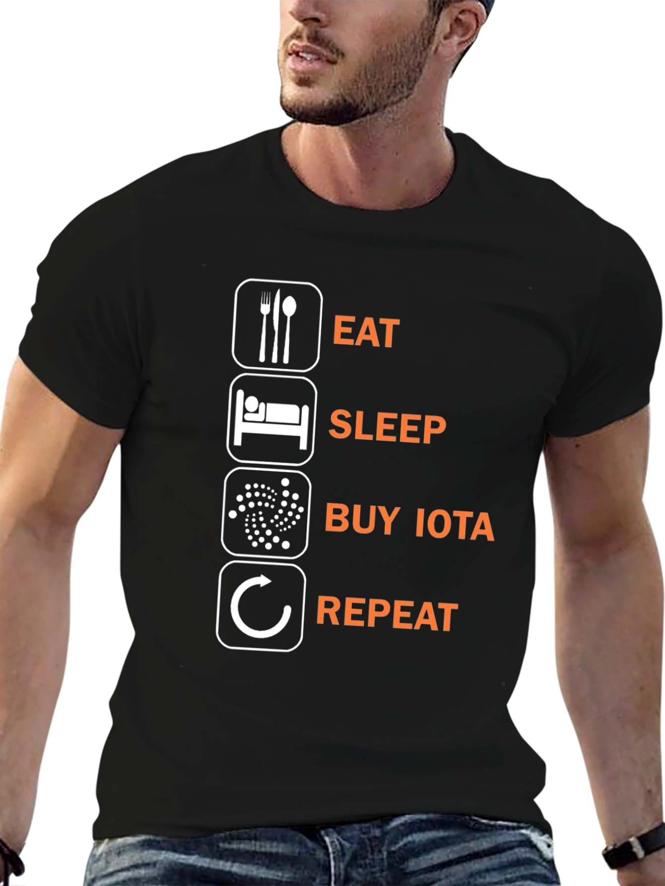 Eat Sleep Buy IOTA Repeat Black Graphic Tee