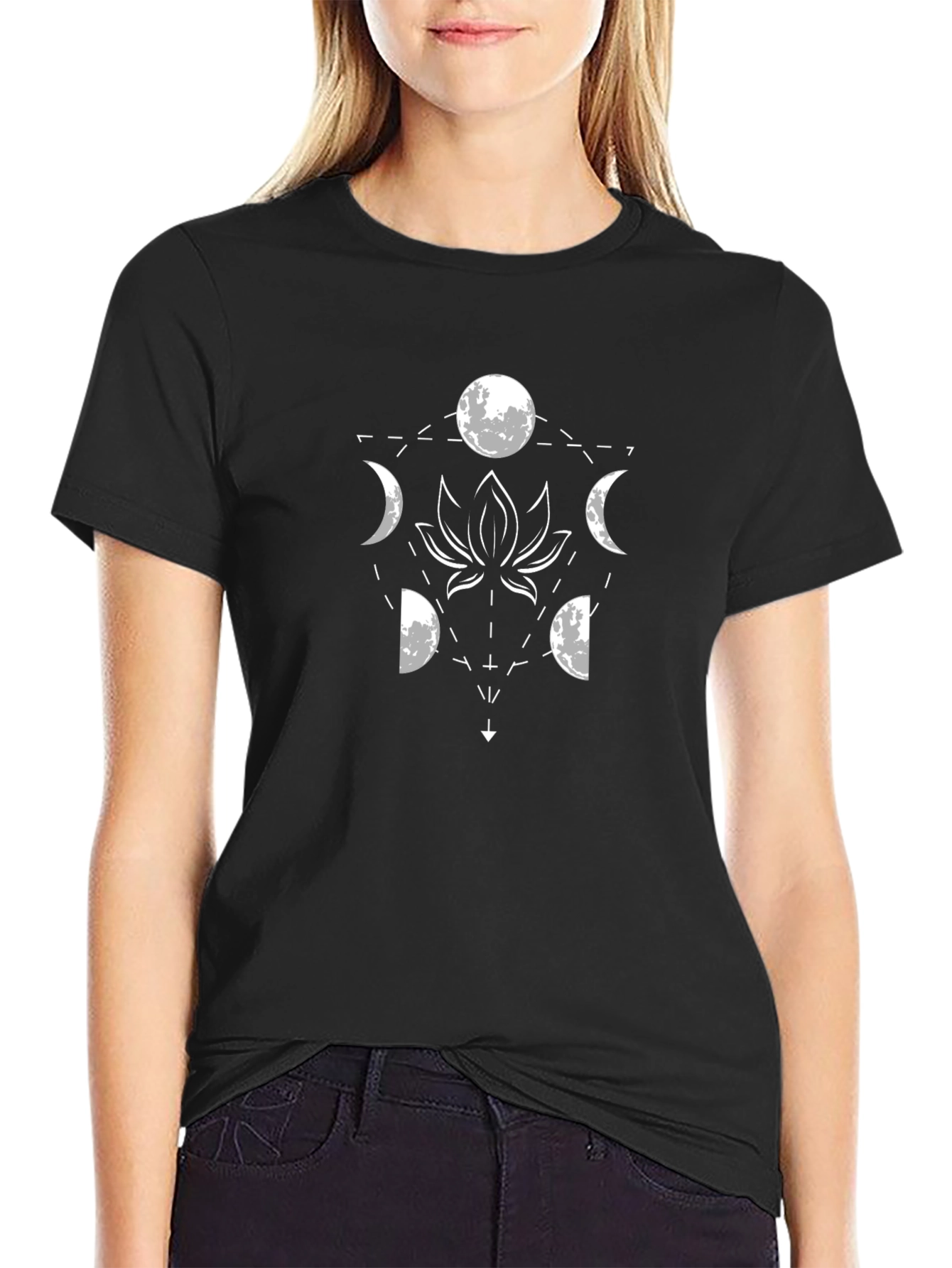 Lunar Lotus Black T-Shirt - Geometric Moon Phase Design