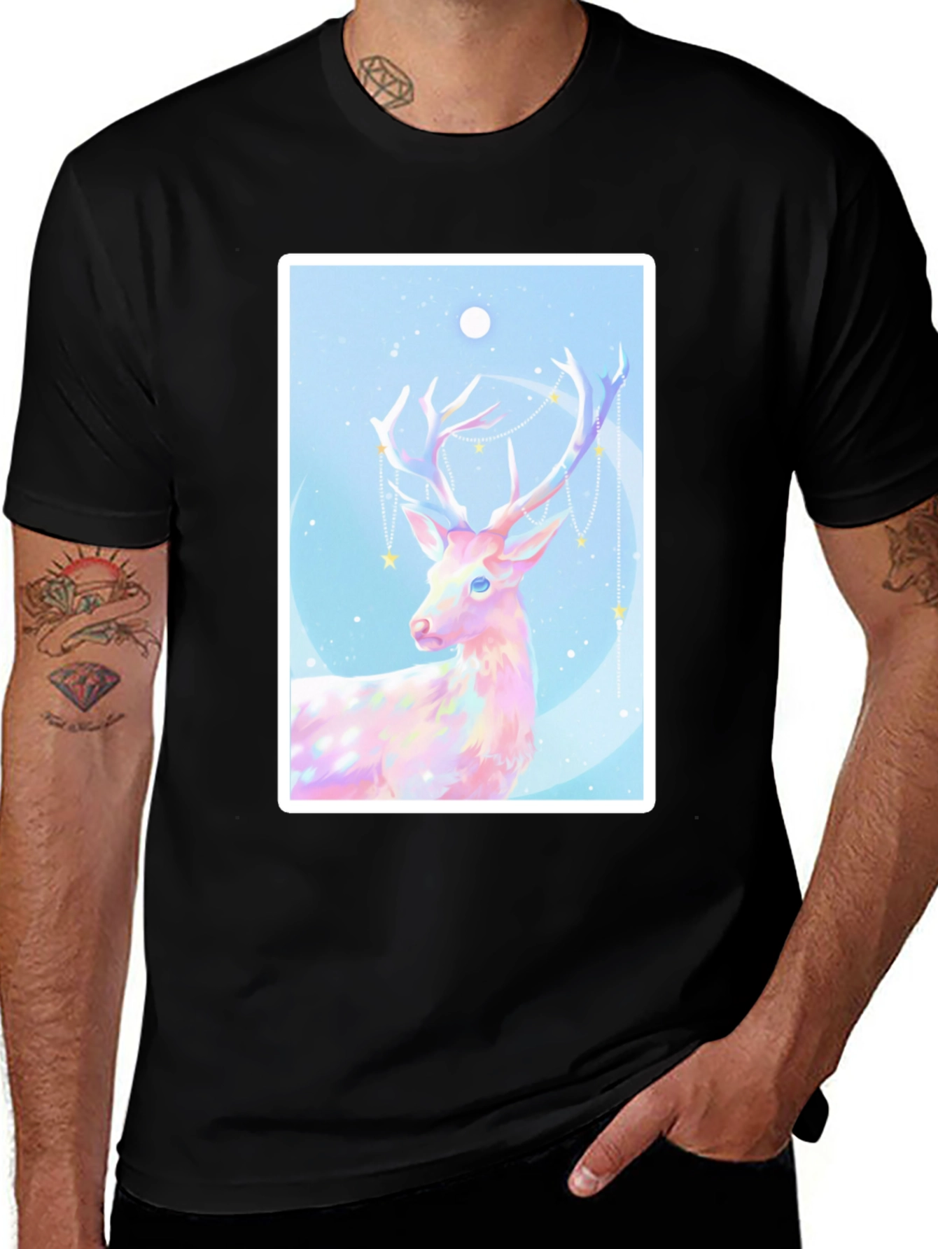 Mystical Deer Graphic Tee - Black Cotton Blend