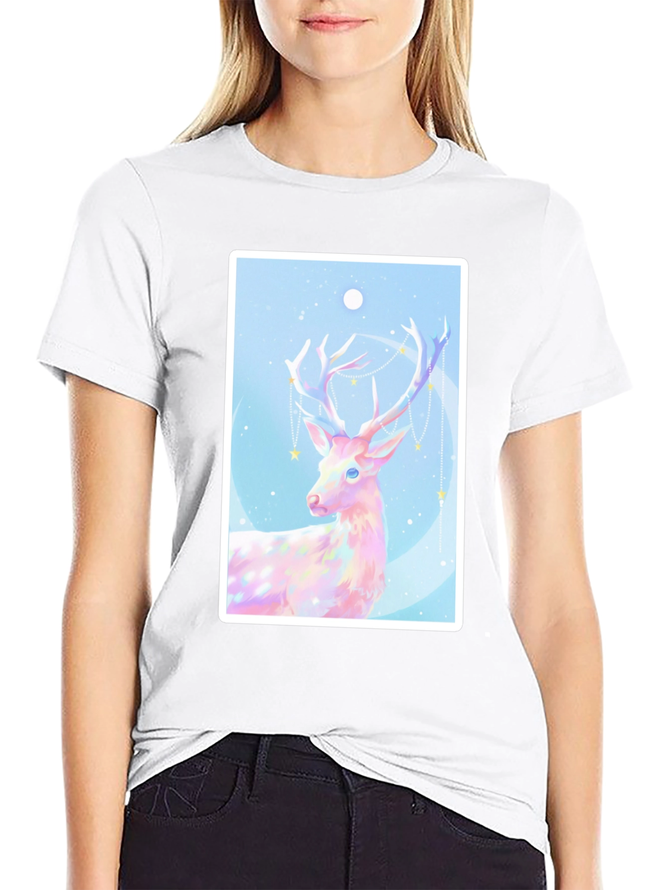 Mystical Deer Graphic Tee - Black Cotton Blend