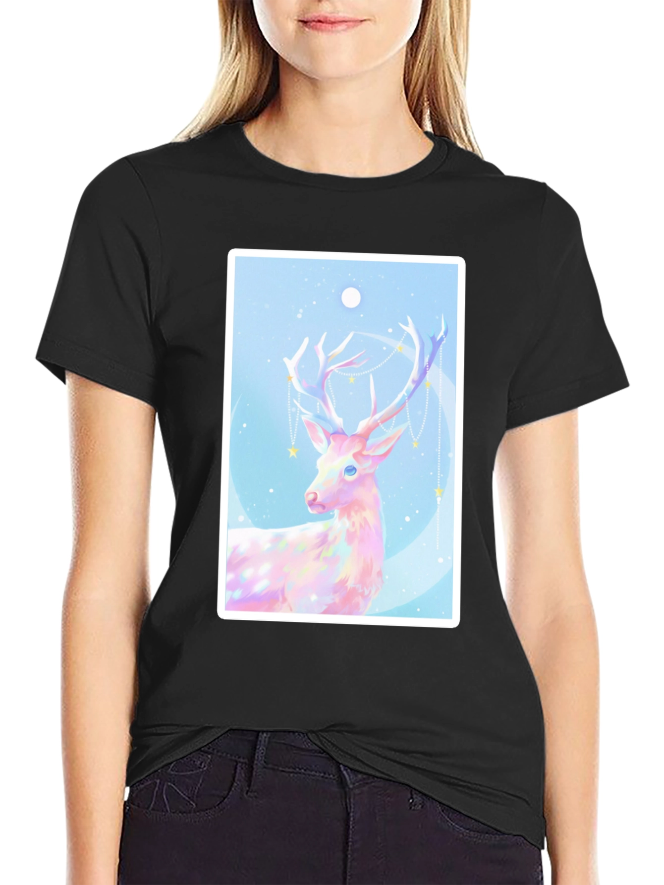 Mystical Deer Graphic Tee - Black Cotton Blend