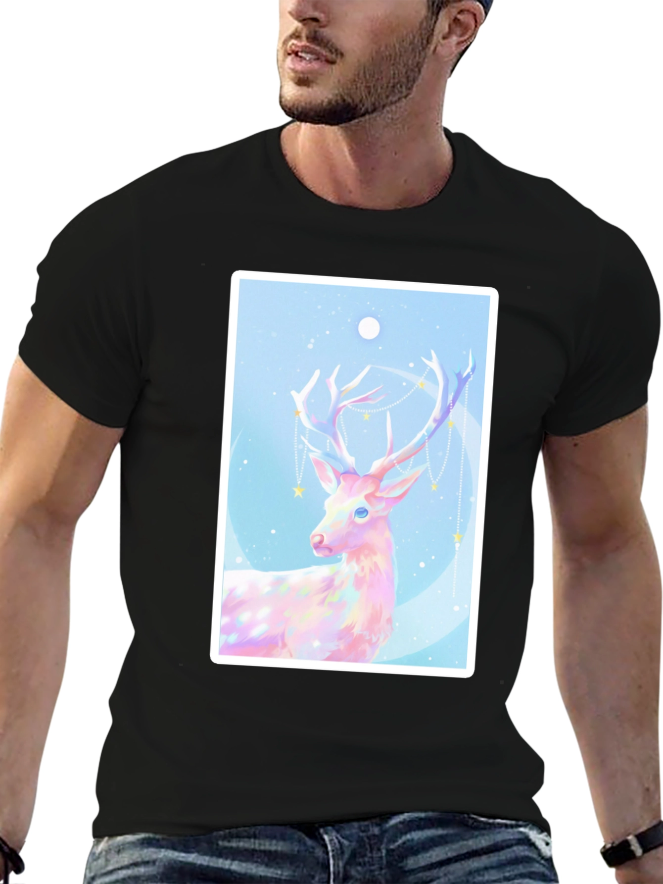 Mystical Deer Graphic Tee - Black Cotton Blend
