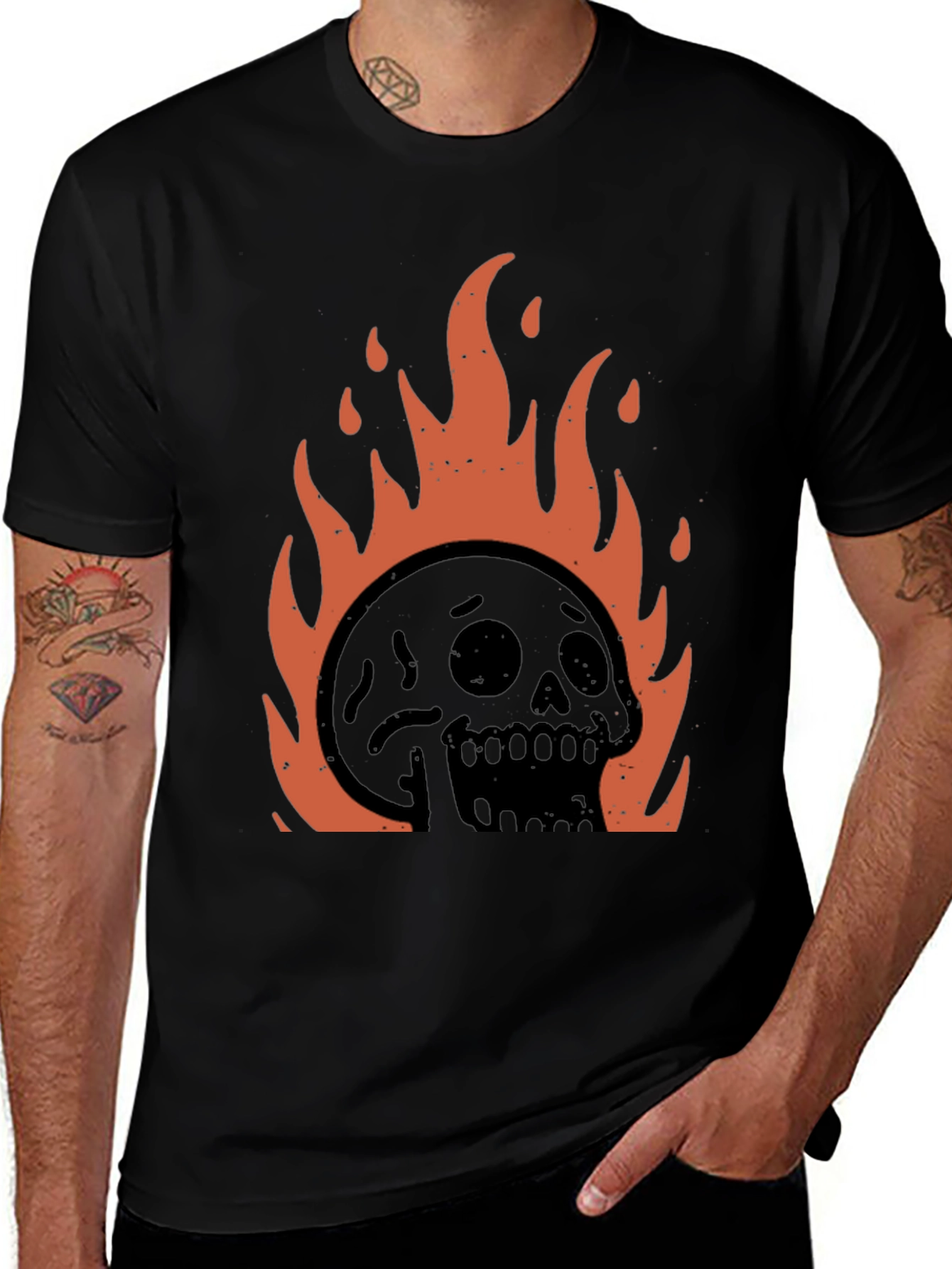 Fiery Skull Graphic Tee - Black Cotton T-Shirt