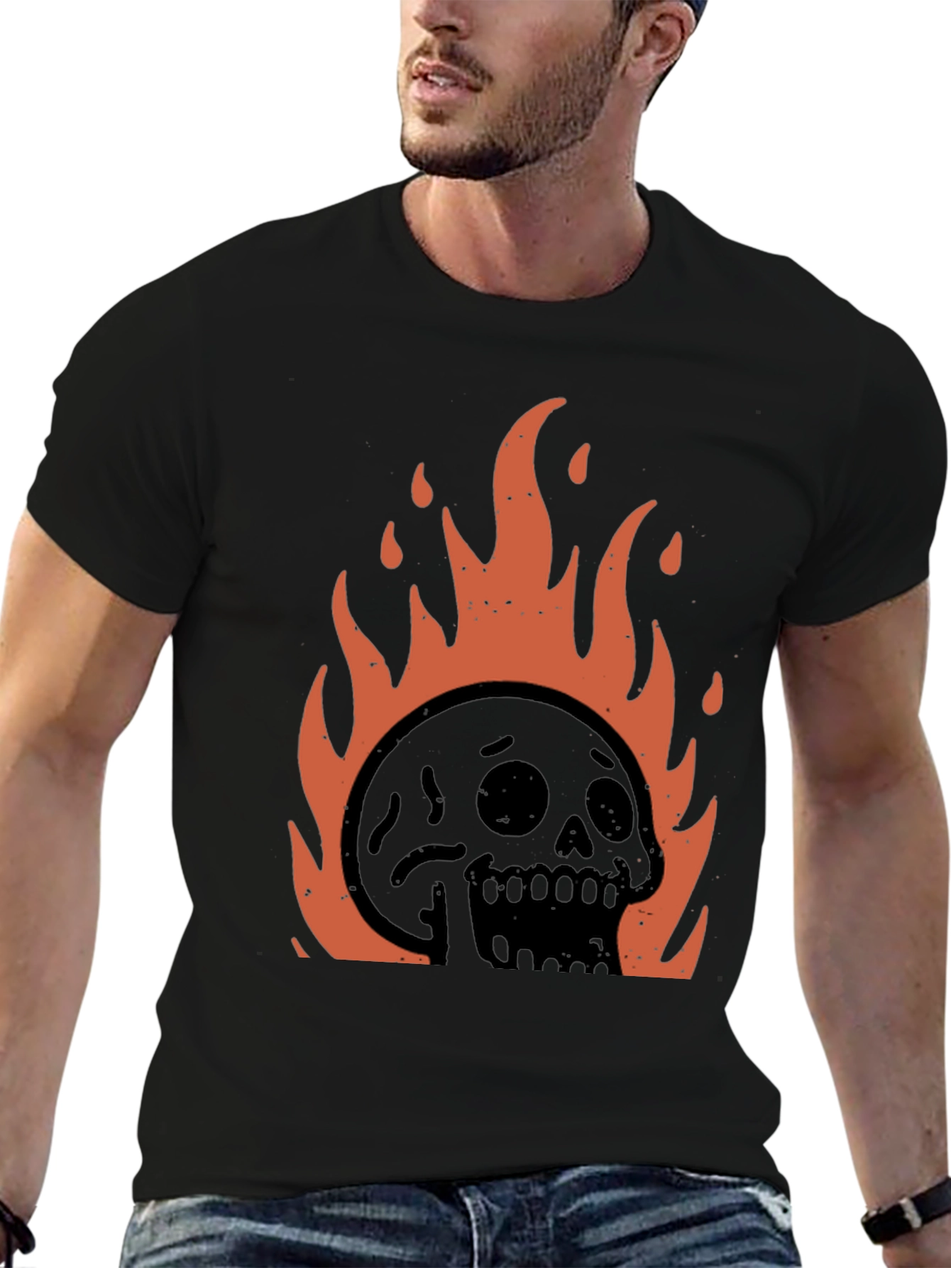 Fiery Skull Graphic Tee - Black Cotton T-Shirt