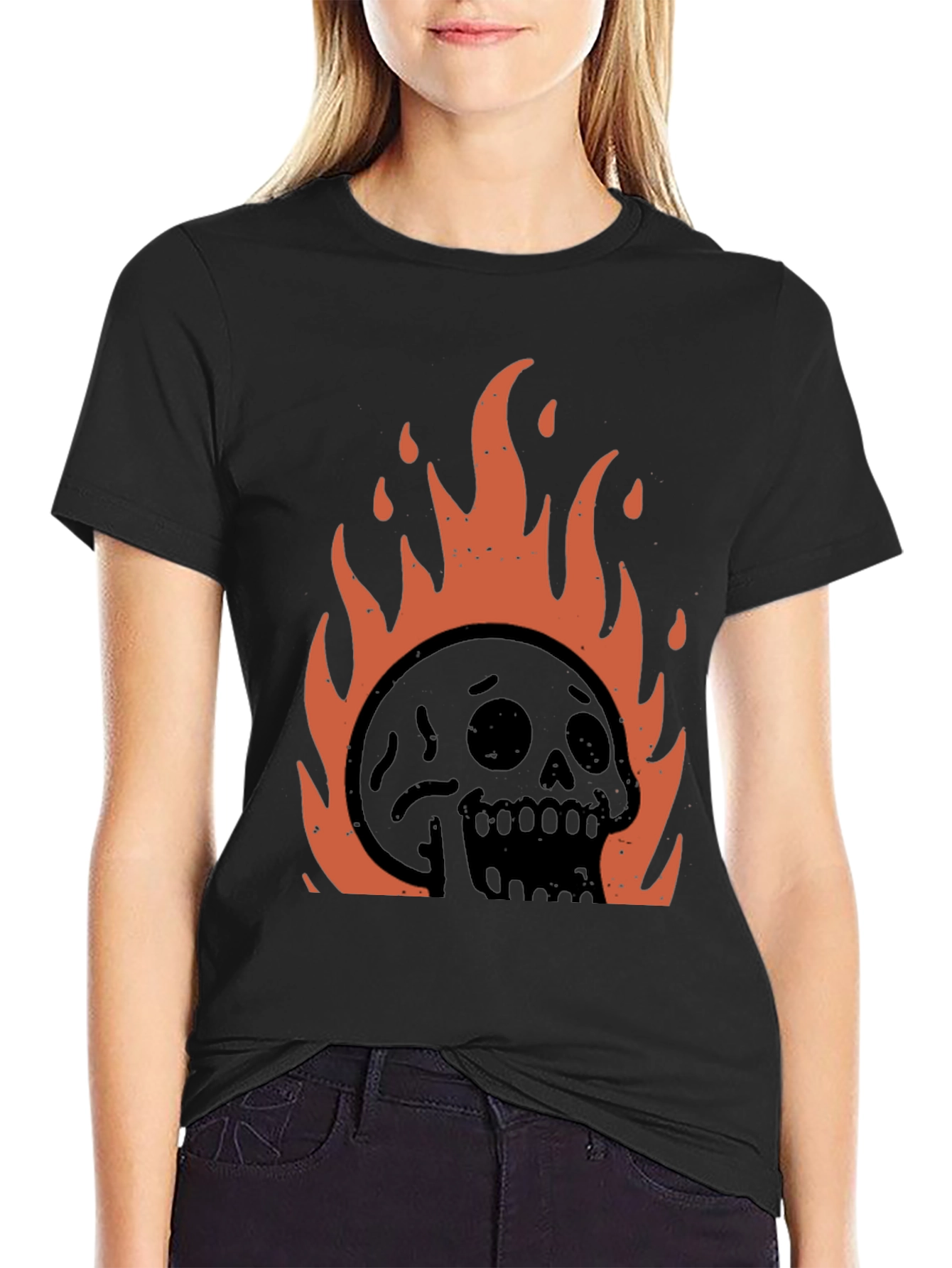 Fiery Skull Graphic Tee - Black Cotton T-Shirt